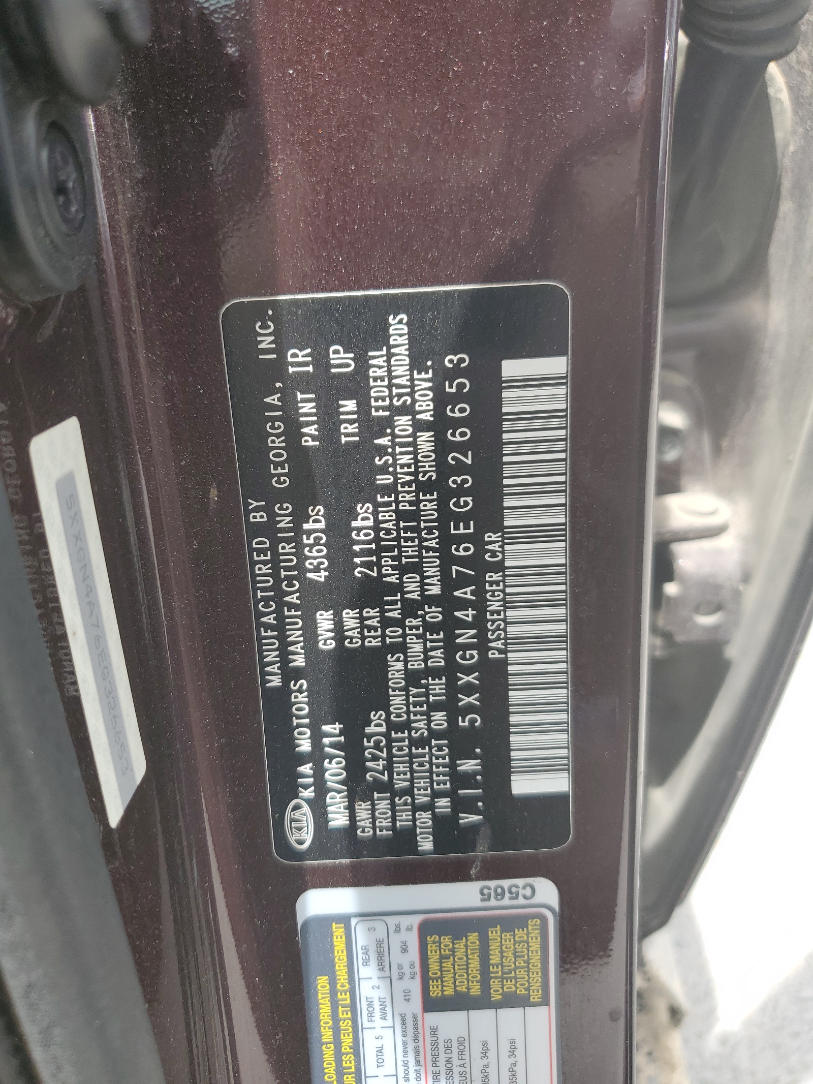 5XXGN4A76EG326653 2014 Kia Optima Ex