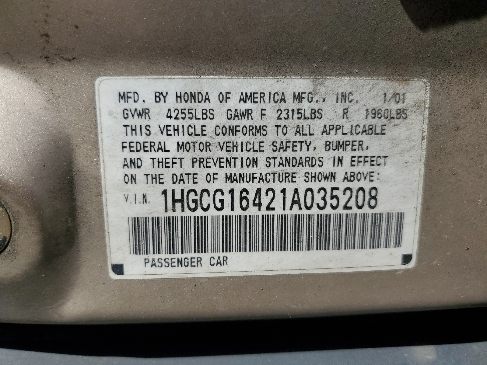 1HGCG16421A035208 2001 Honda Accord Lx
