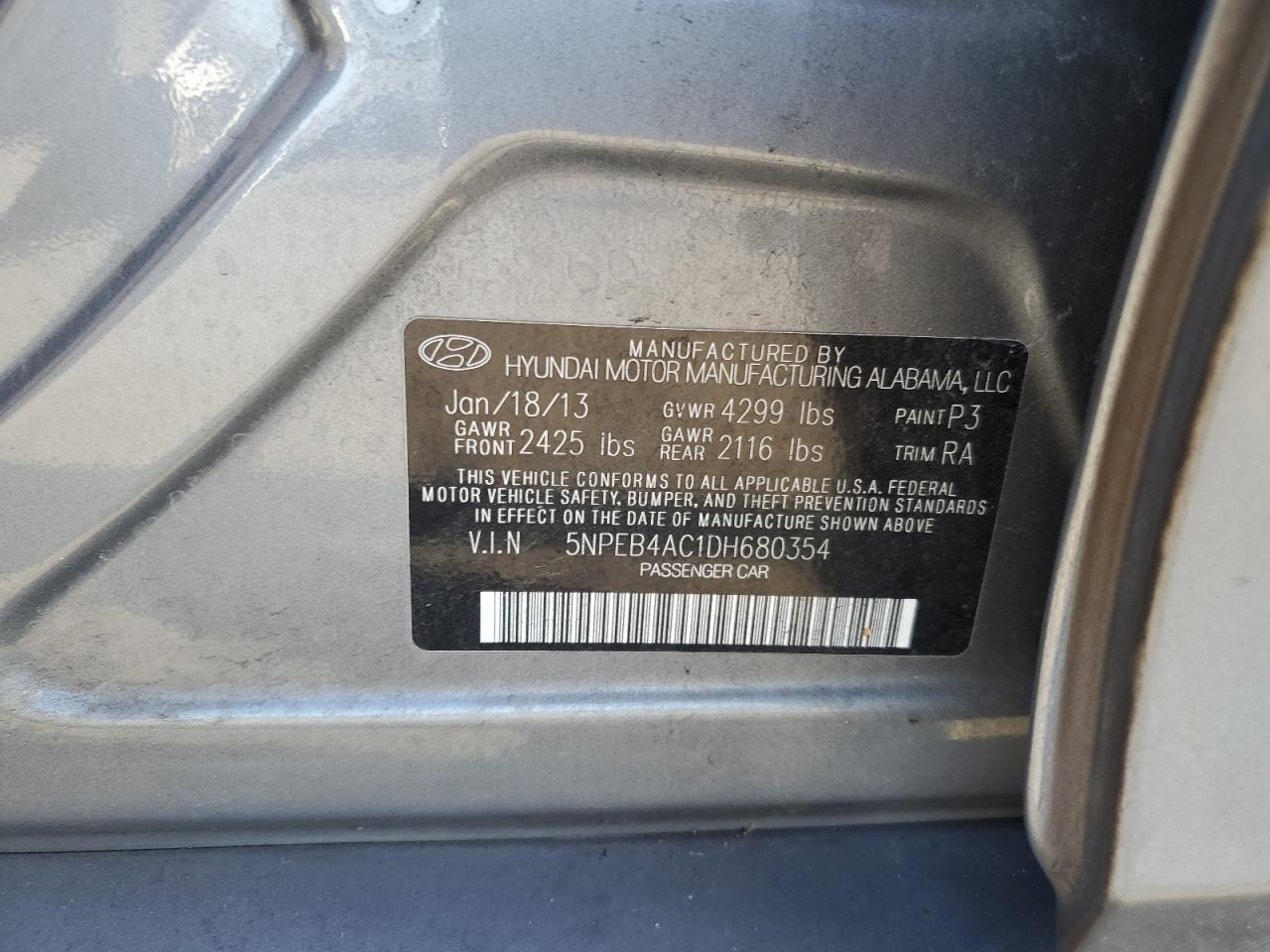 2013 Hyundai Sonata Gls VIN: 5NPEB4AC1DH680354 Lot: 62746254