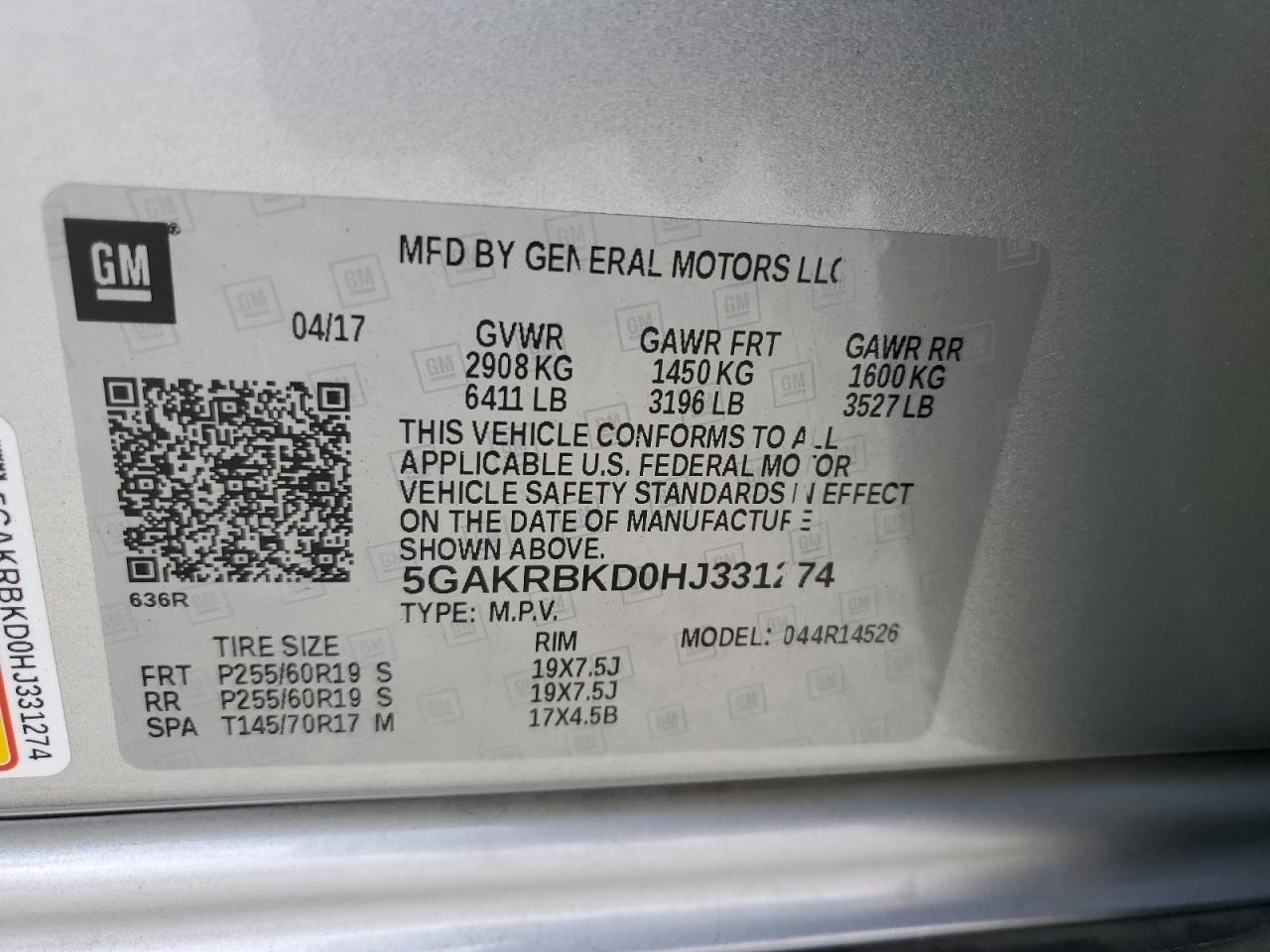 2017 Buick Enclave VIN: 5GAKRBKD0HJ331274 Lot: 63337094