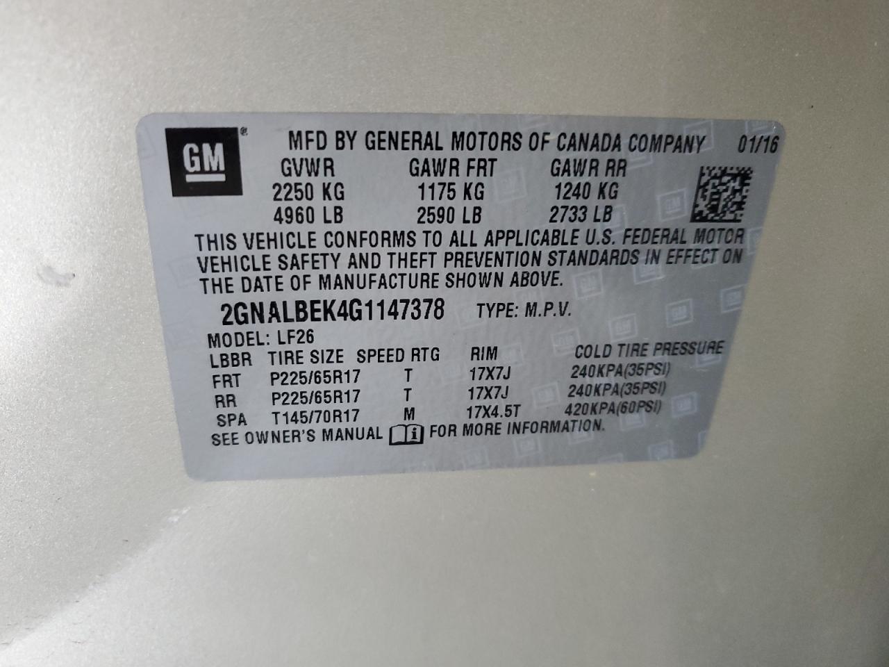 2016 Chevrolet Equinox Ls VIN: 2GNALBEK4G1147378 Lot: 64243684