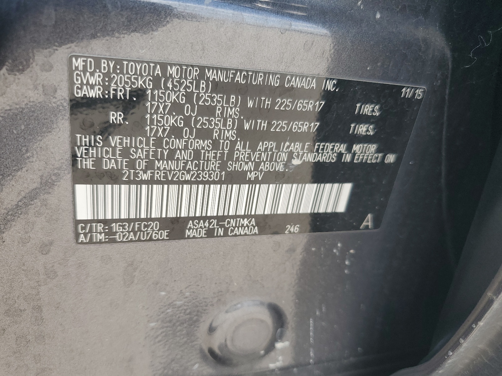 2T3WFREV2GW239301 2016 Toyota Rav4 Xle