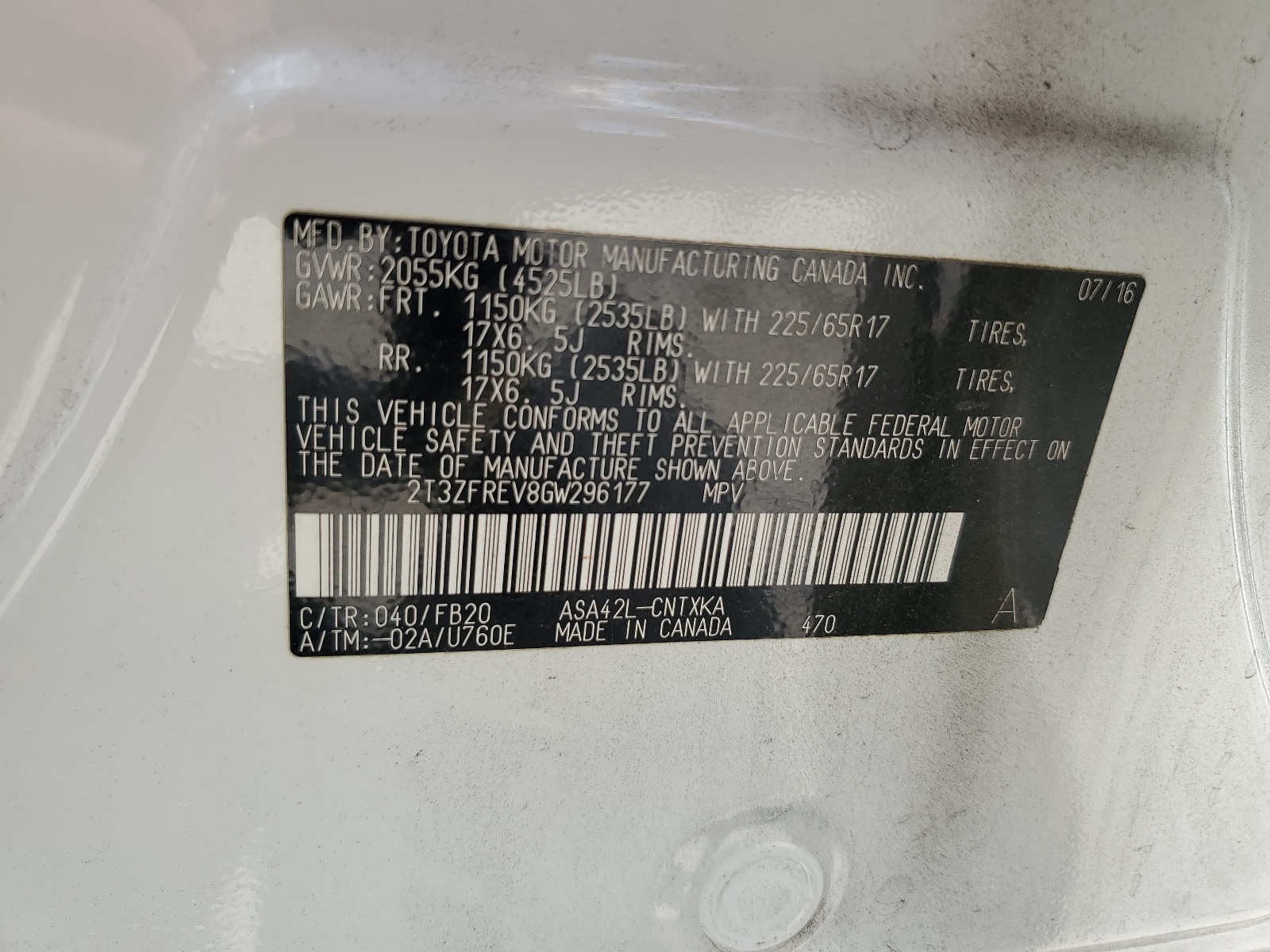 2T3ZFREV8GW296177 2016 Toyota Rav4 Le