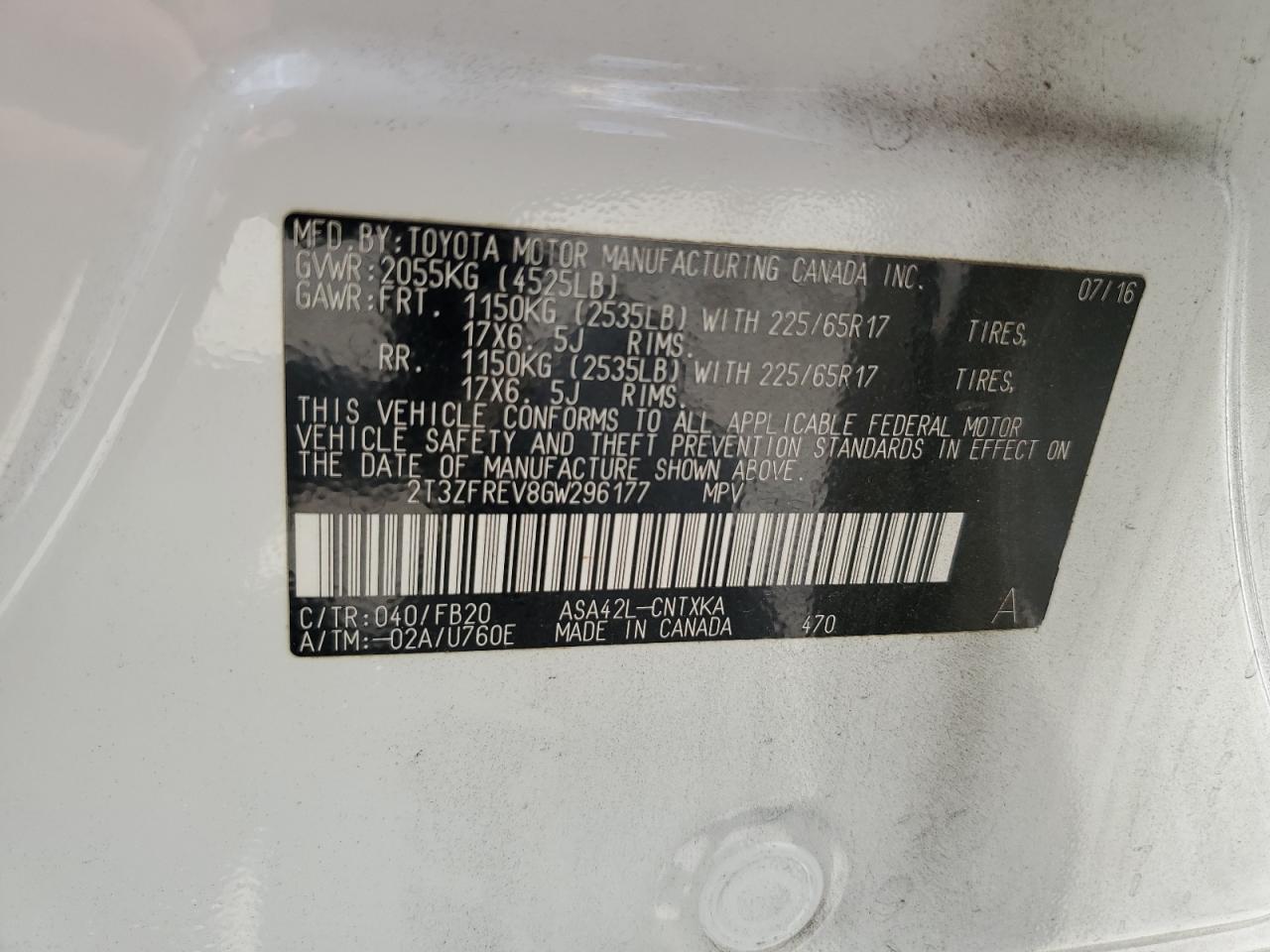 2016 Toyota Rav4 Le VIN: 2T3ZFREV8GW296177 Lot: 62884524