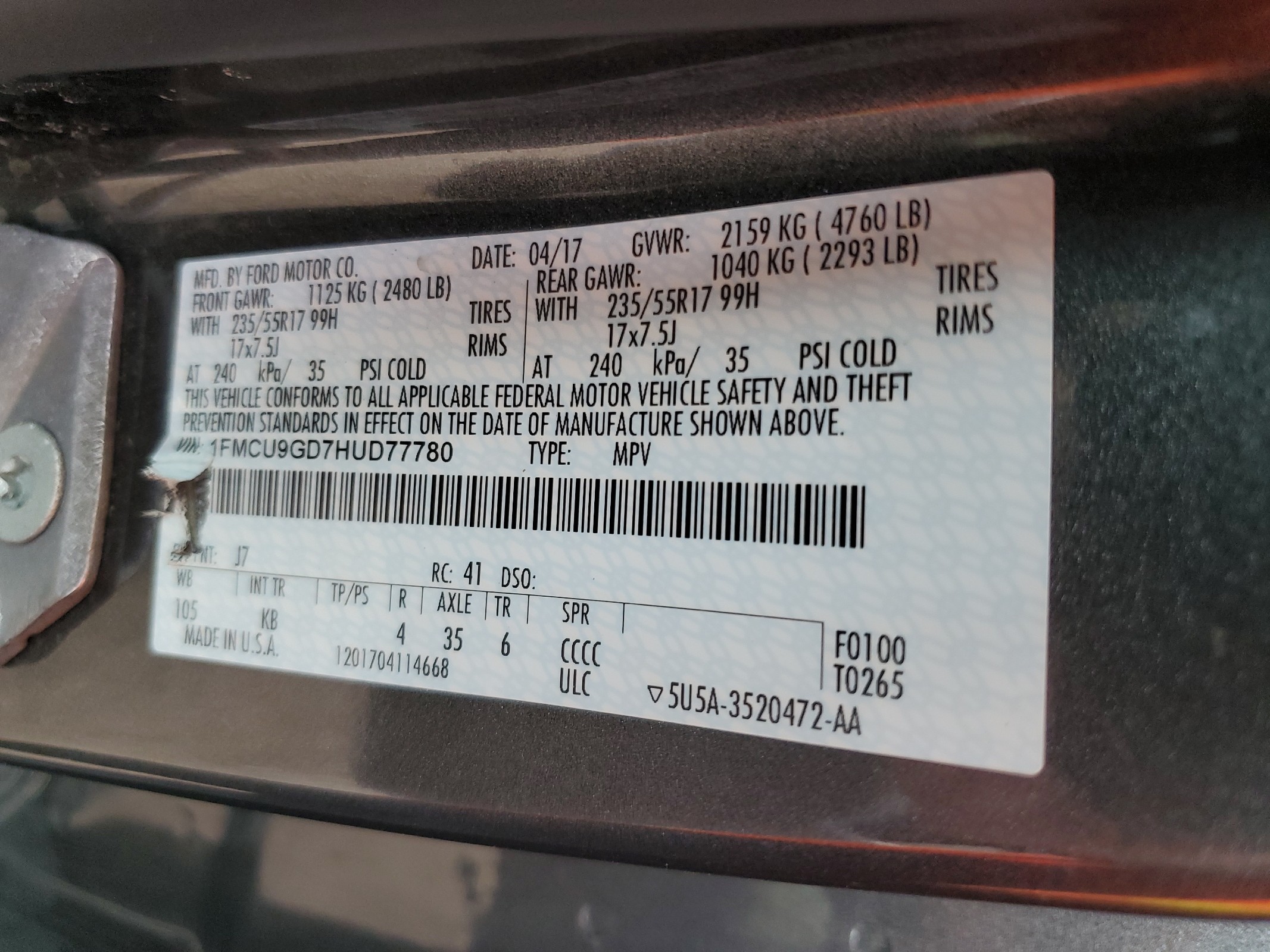 1FMCU9GD7HUD77780 2017 Ford Escape Se