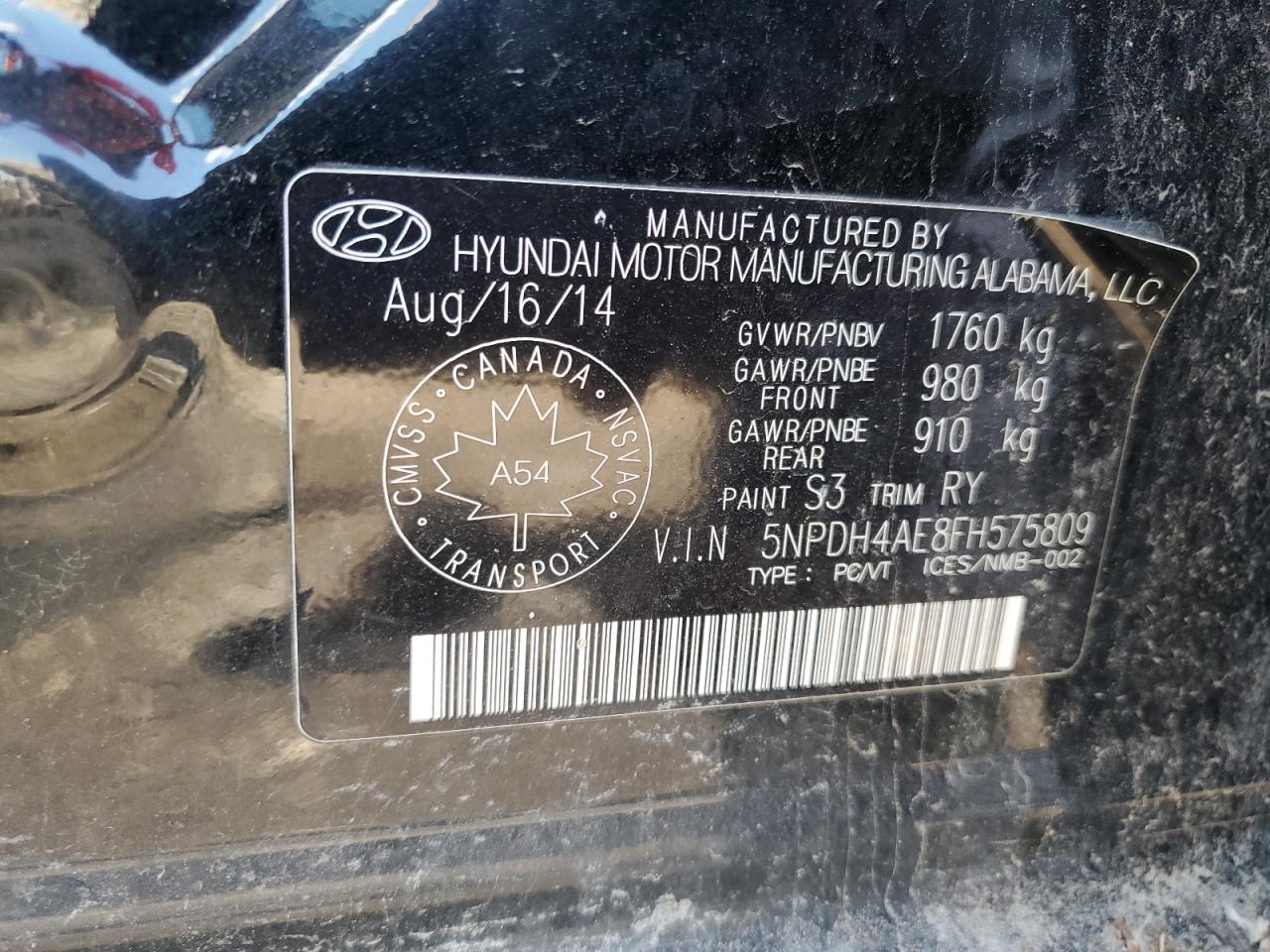 2015 Hyundai Elantra Se VIN: 5NPDH4AE8FH575809 Lot: 61044924