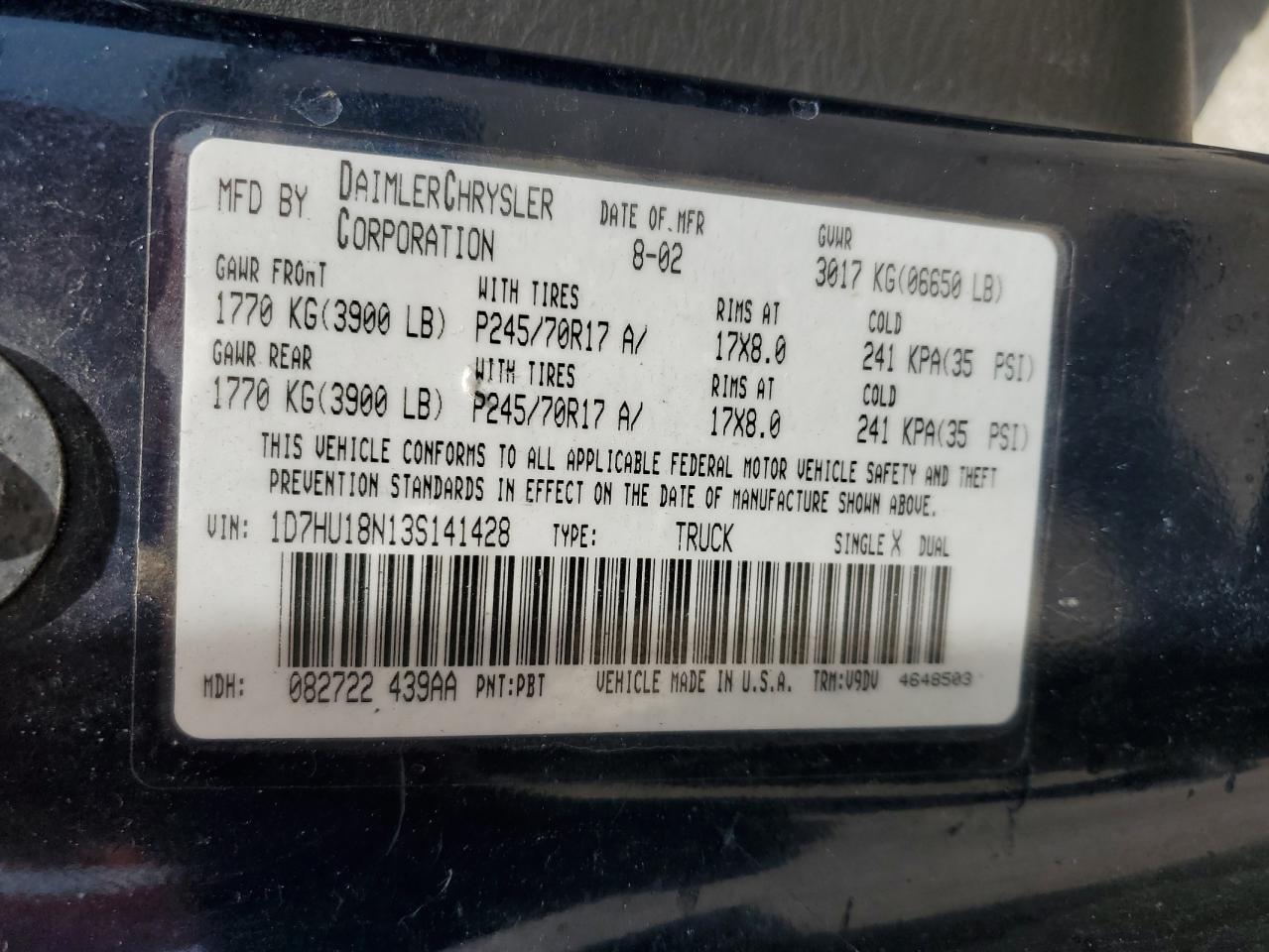 2003 Dodge Ram 1500 St VIN: 1D7HU18N13S141428 Lot: 65373224