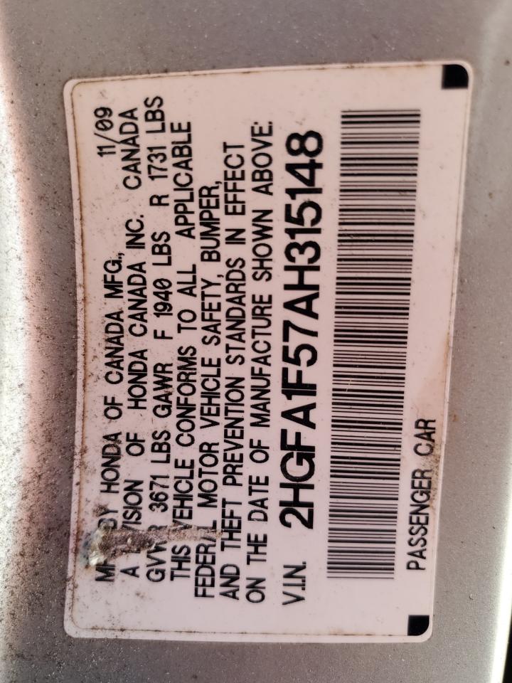 2010 Honda Civic Lx VIN: 2HGFA1F57AH315148 Lot: 60386994