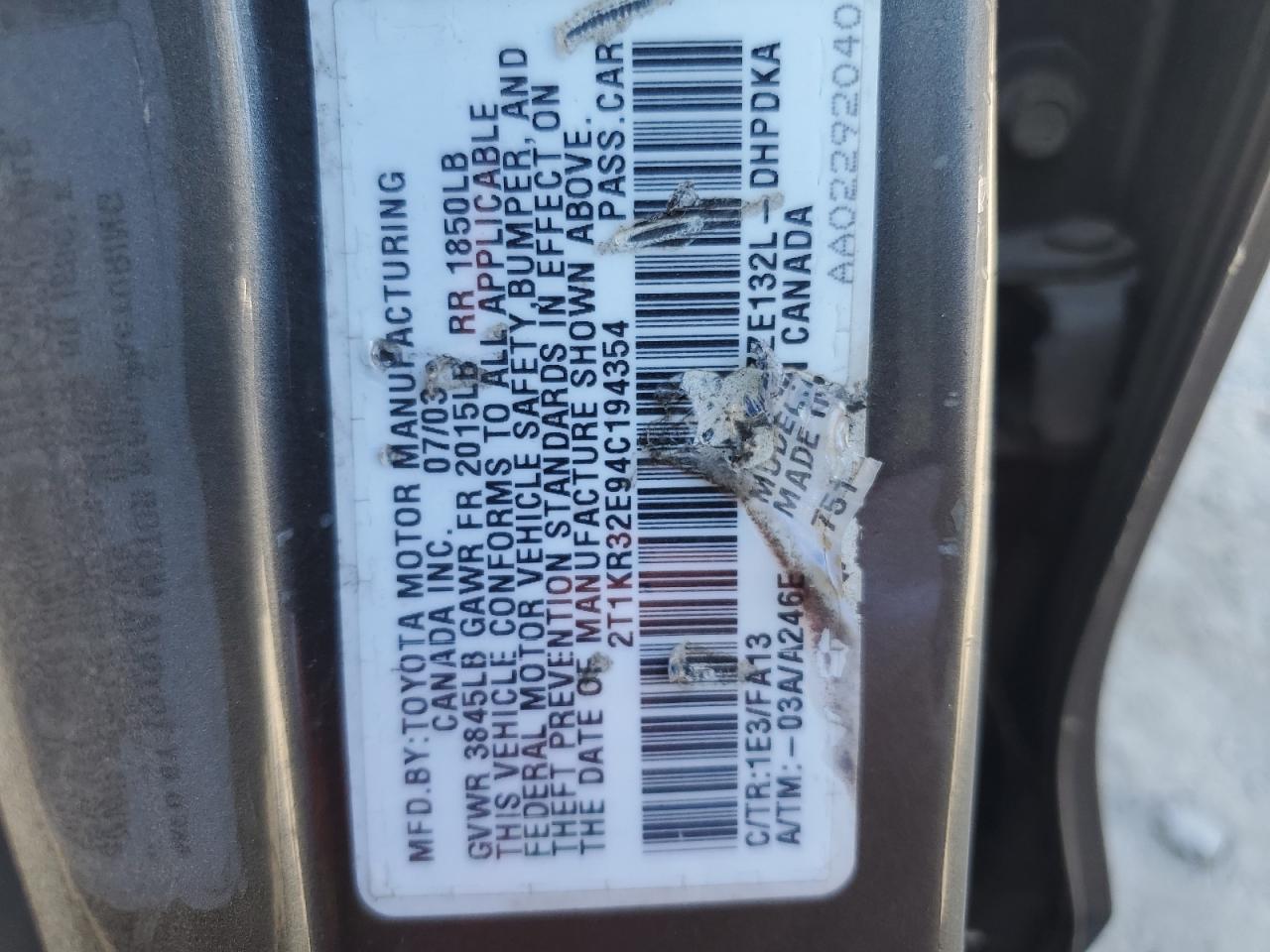 2004 Toyota Corolla Matrix Xr VIN: 2T1KR32E94C194354 Lot: 65283824