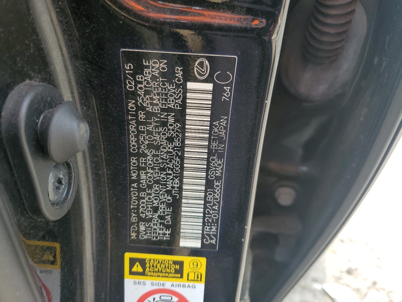 JTHBK1GG5F2185279 2015 Lexus Es 350