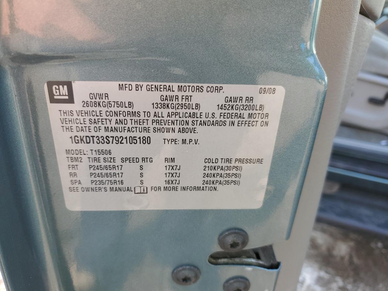 2009 GMC Envoy Sle VIN: 1GKDT33S792105180 Lot: 63800294