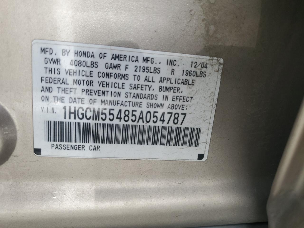 2005 Honda Accord Lx VIN: 1HGCM55485A054787 Lot: 64513524