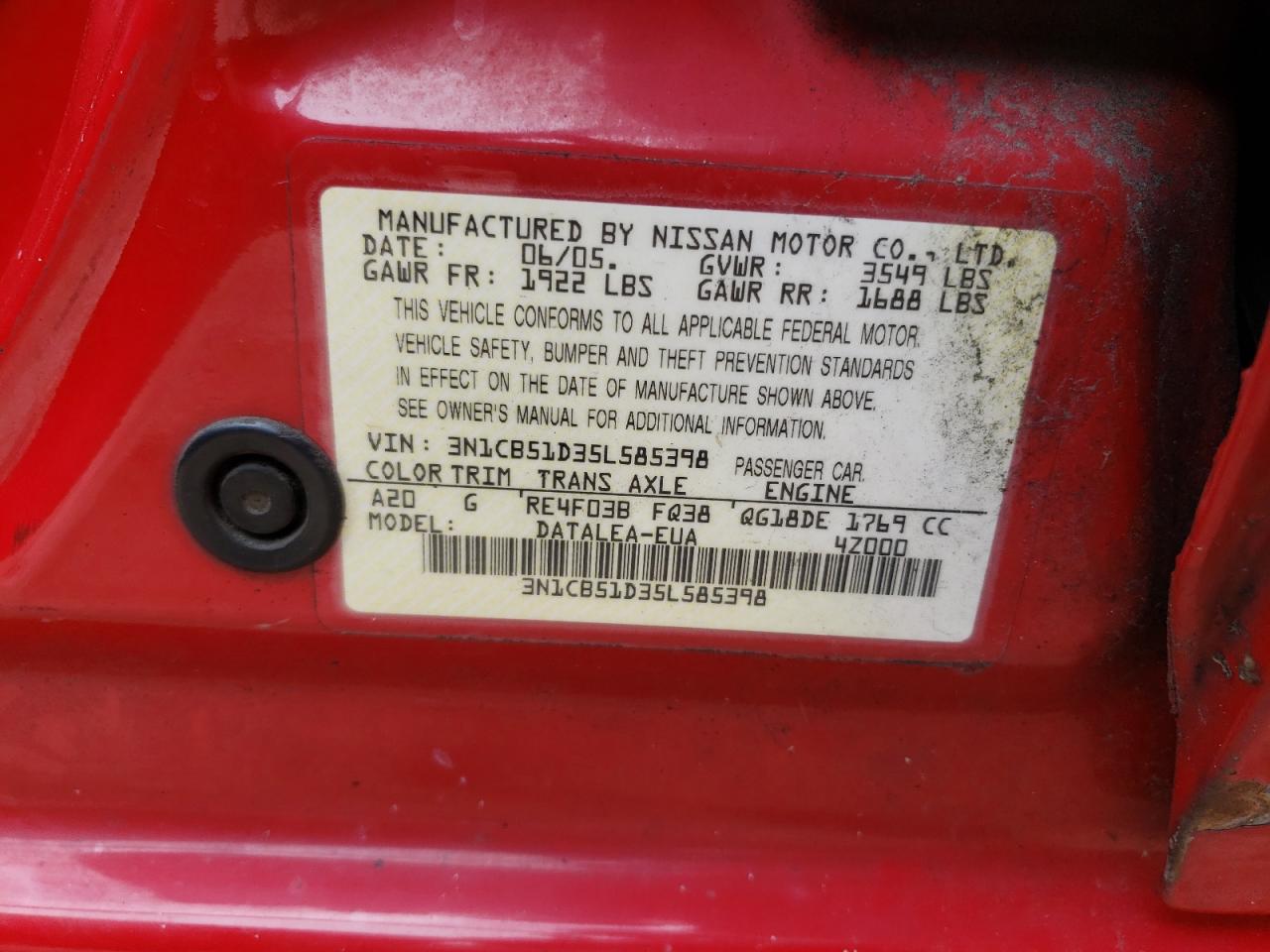 2005 Nissan Sentra 1.8 VIN: 3N1CB51D35L585398 Lot: 63494704