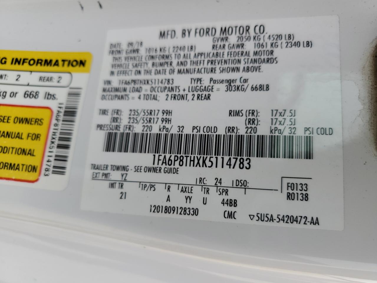 2019 Ford Mustang VIN: 1FA6P8THXK5114783 Lot: 62670754