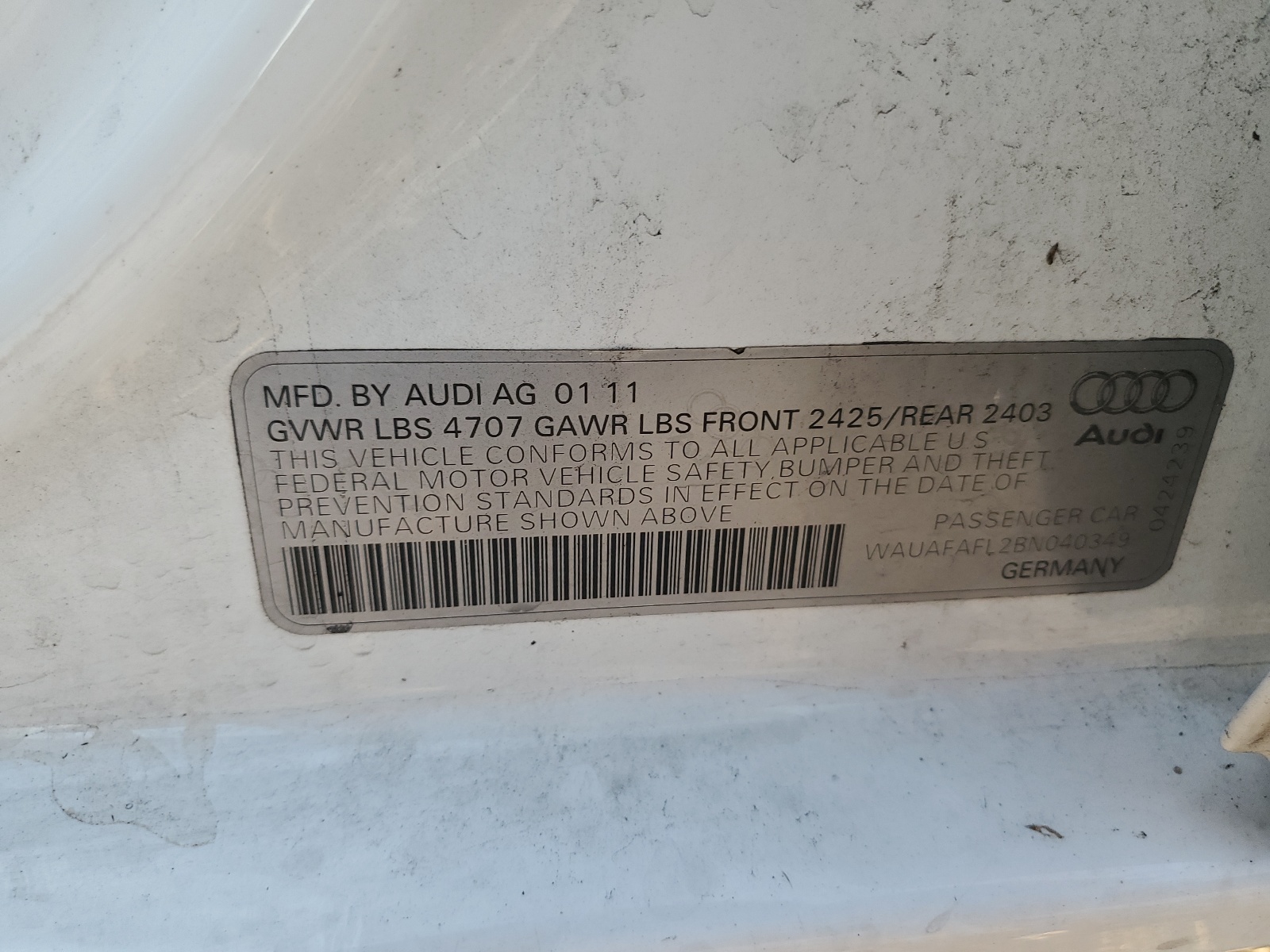 WAUAFAFL2BN040349 2011 Audi A4 Premium