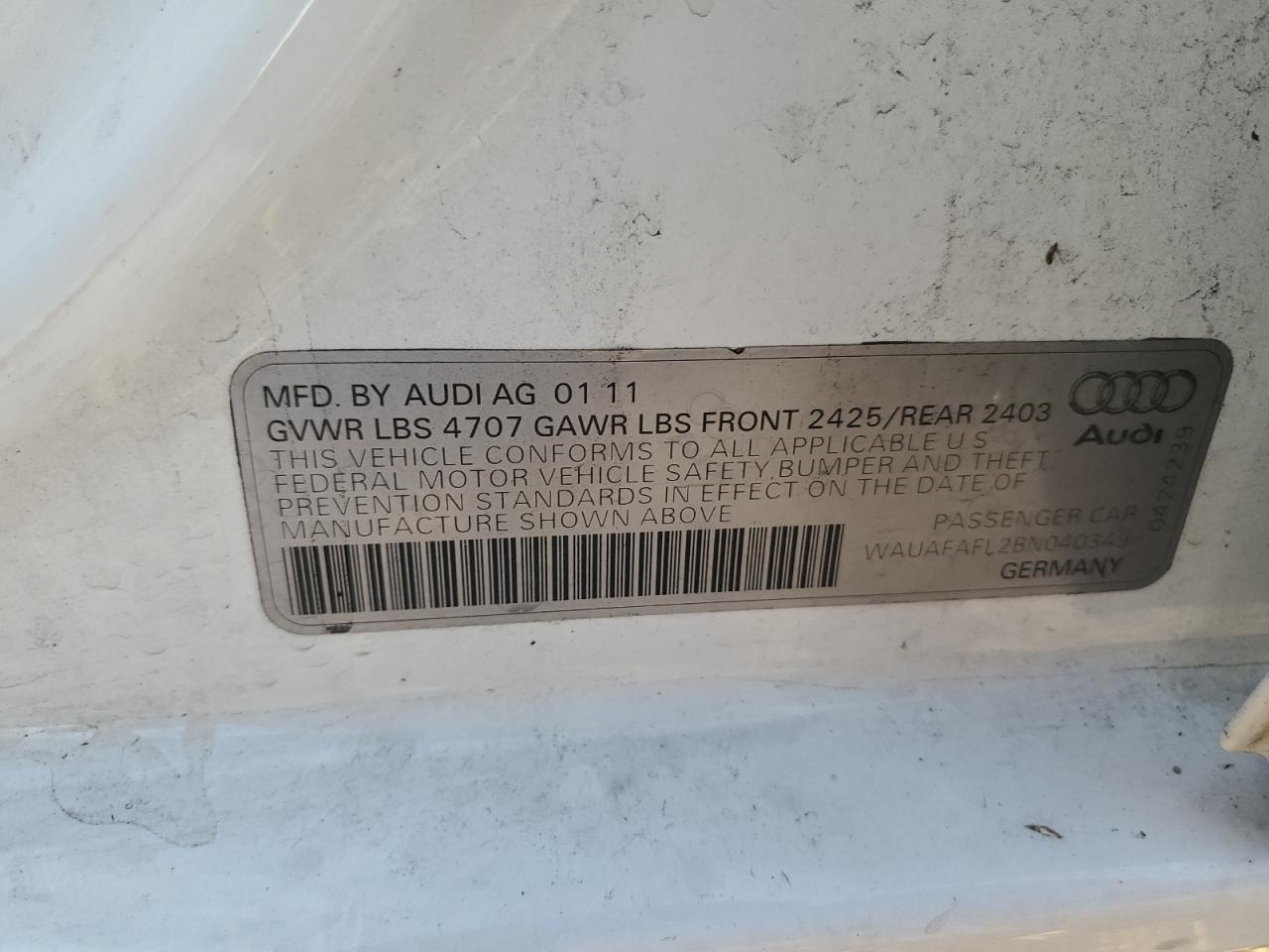 2011 Audi A4 Premium VIN: WAUAFAFL2BN040349 Lot: 63768664