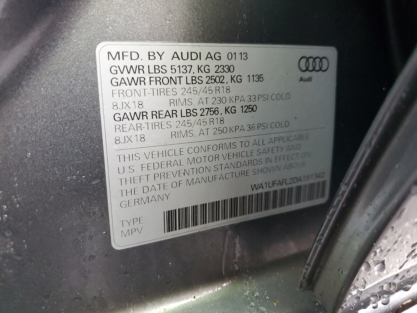 2013 Audi A4 Allroad Premium Plus vin: WA1UFAFL2DA191342