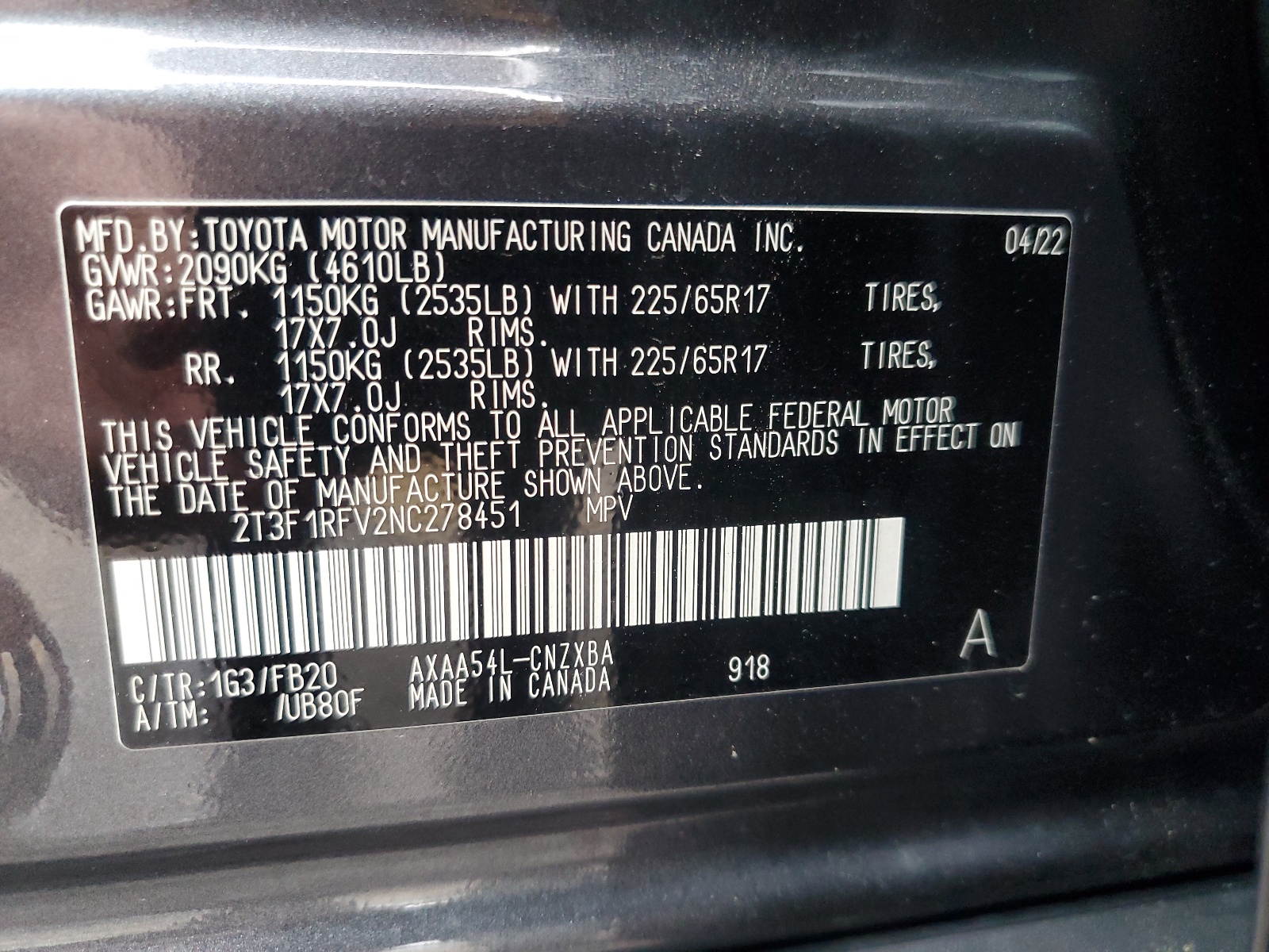 2T3F1RFV2NC278451 2022 Toyota Rav4 Le