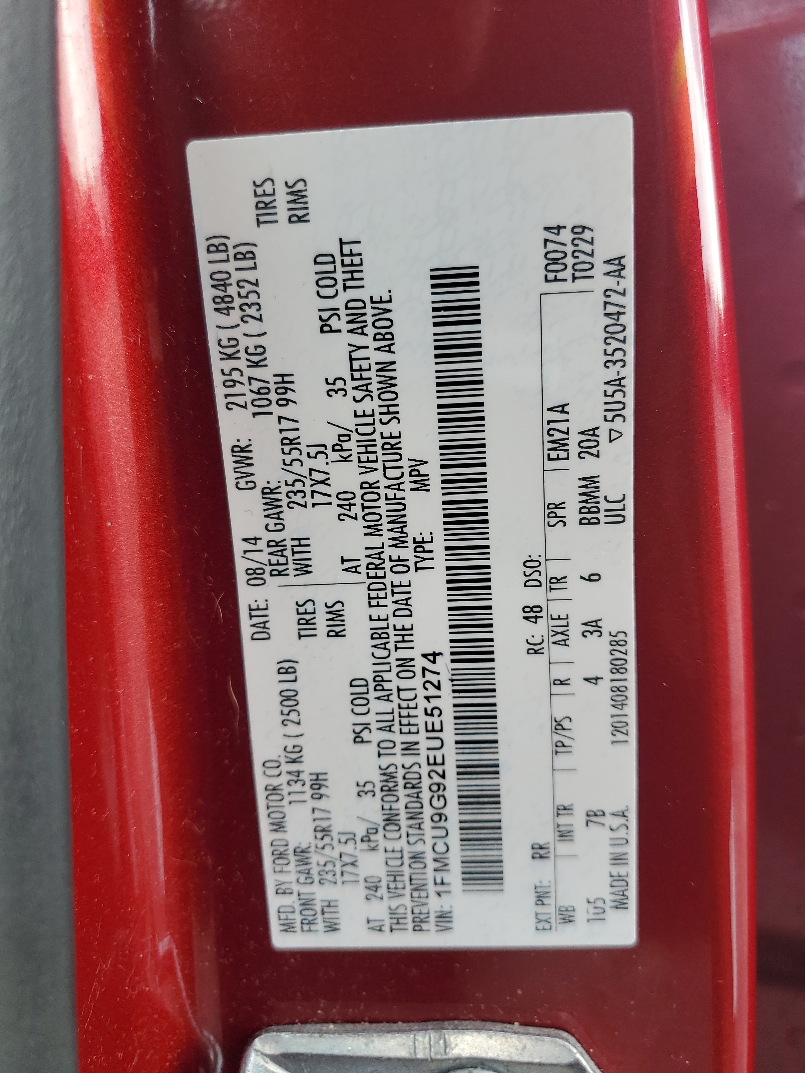 1FMCU9G92EUE51274 2014 Ford Escape Se