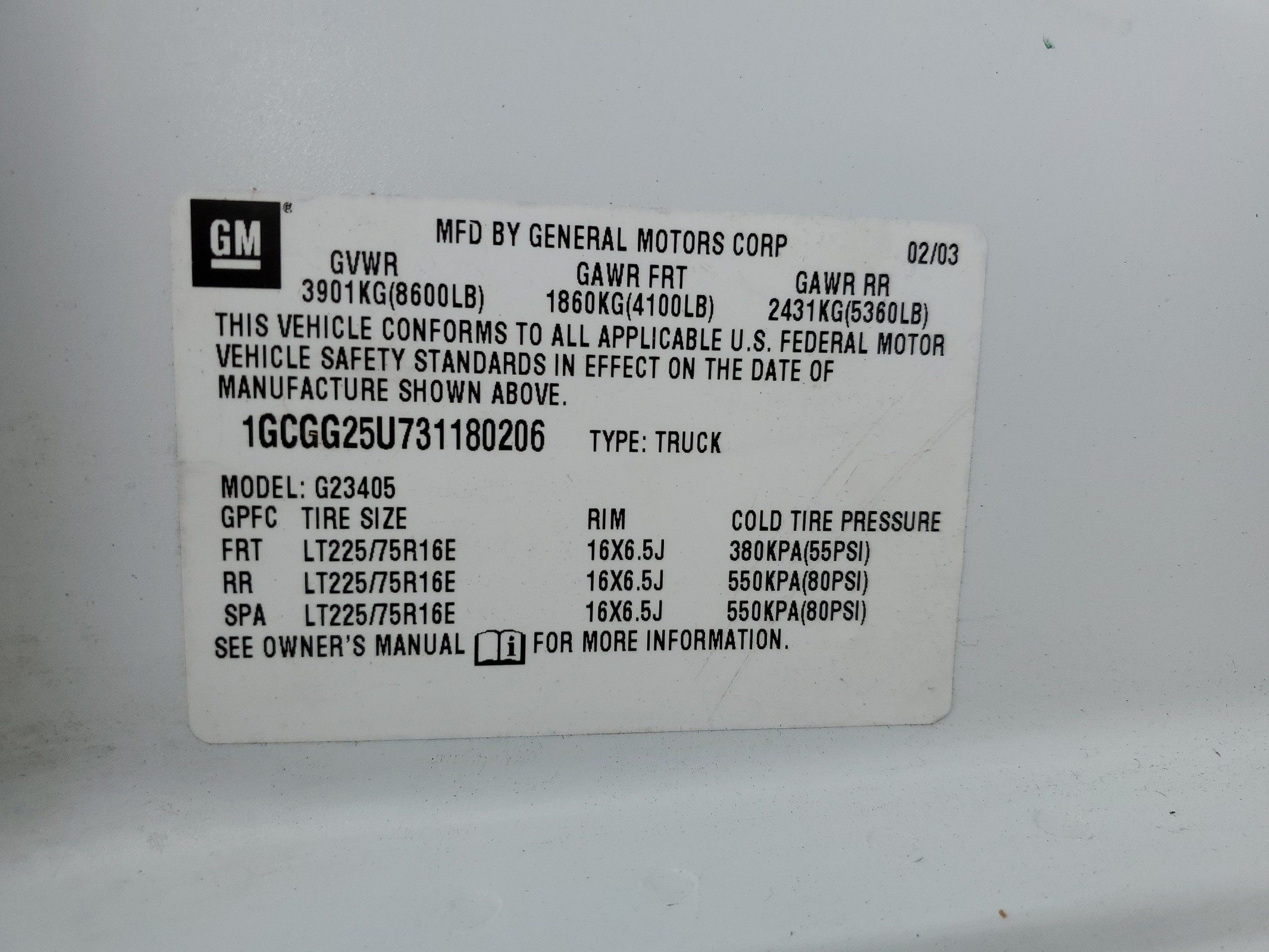 1GCGG25U731180206 2003 Chevrolet Express G2500