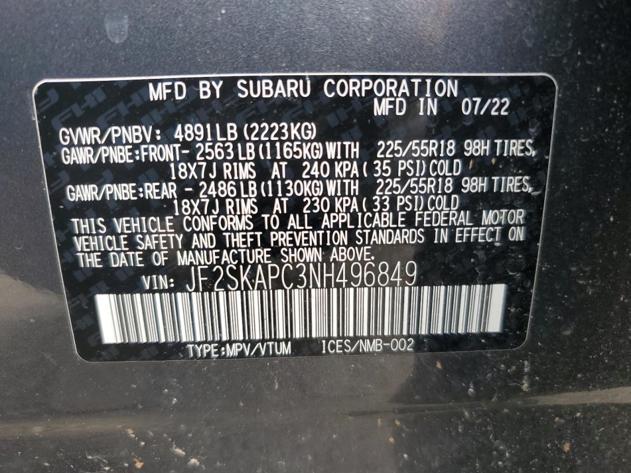 2022 Subaru Forester Limited VIN: JF2SKAPC3NH496849 Lot: 63272274