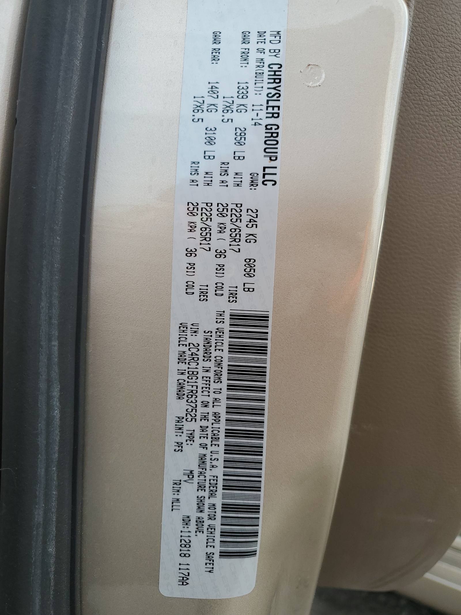 2C4RC1BG1FR637525 2015 Chrysler Town & Country Touring