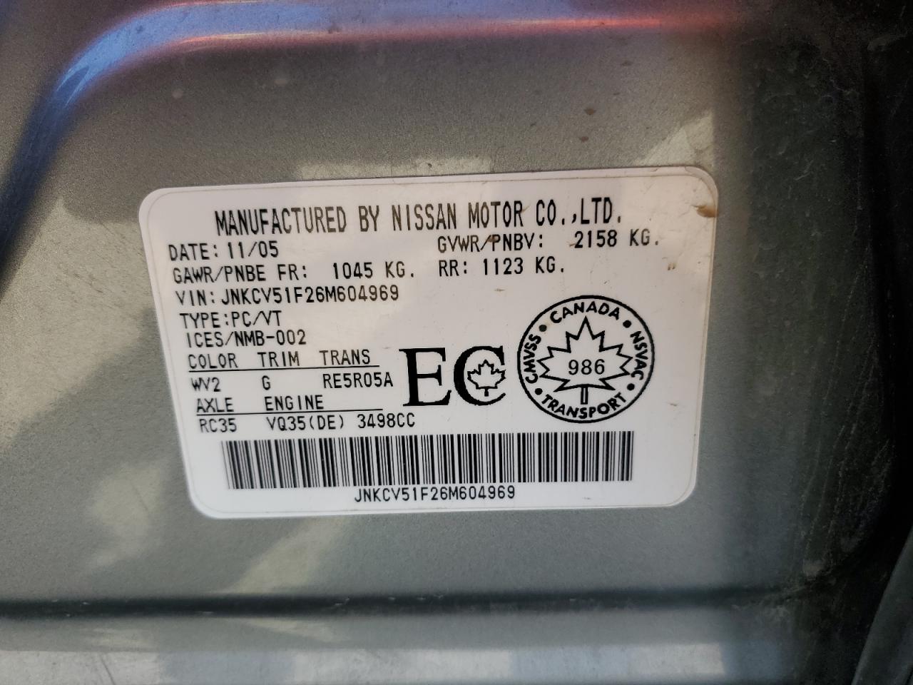 2006 Infiniti G35 VIN: JNKCV51F26M604969 Lot: 63036614