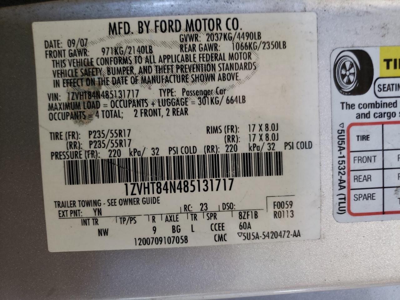 2008 Ford Mustang VIN: 1ZVHT84N485131717 Lot: 62032404