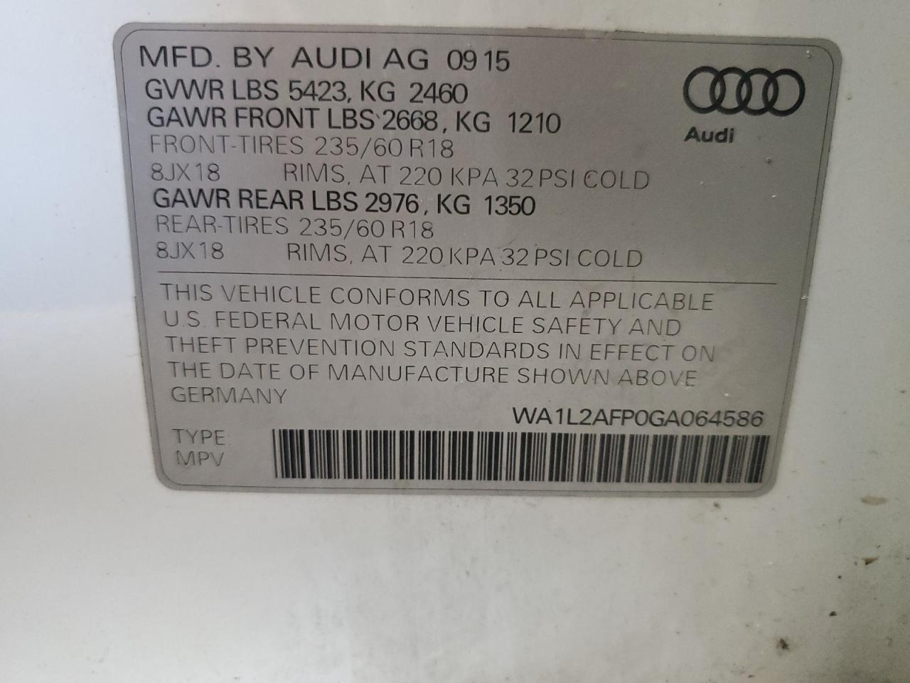 2016 Audi Q5 Premium Plus VIN: WA1L2AFP0GA064586 Lot: 61126924