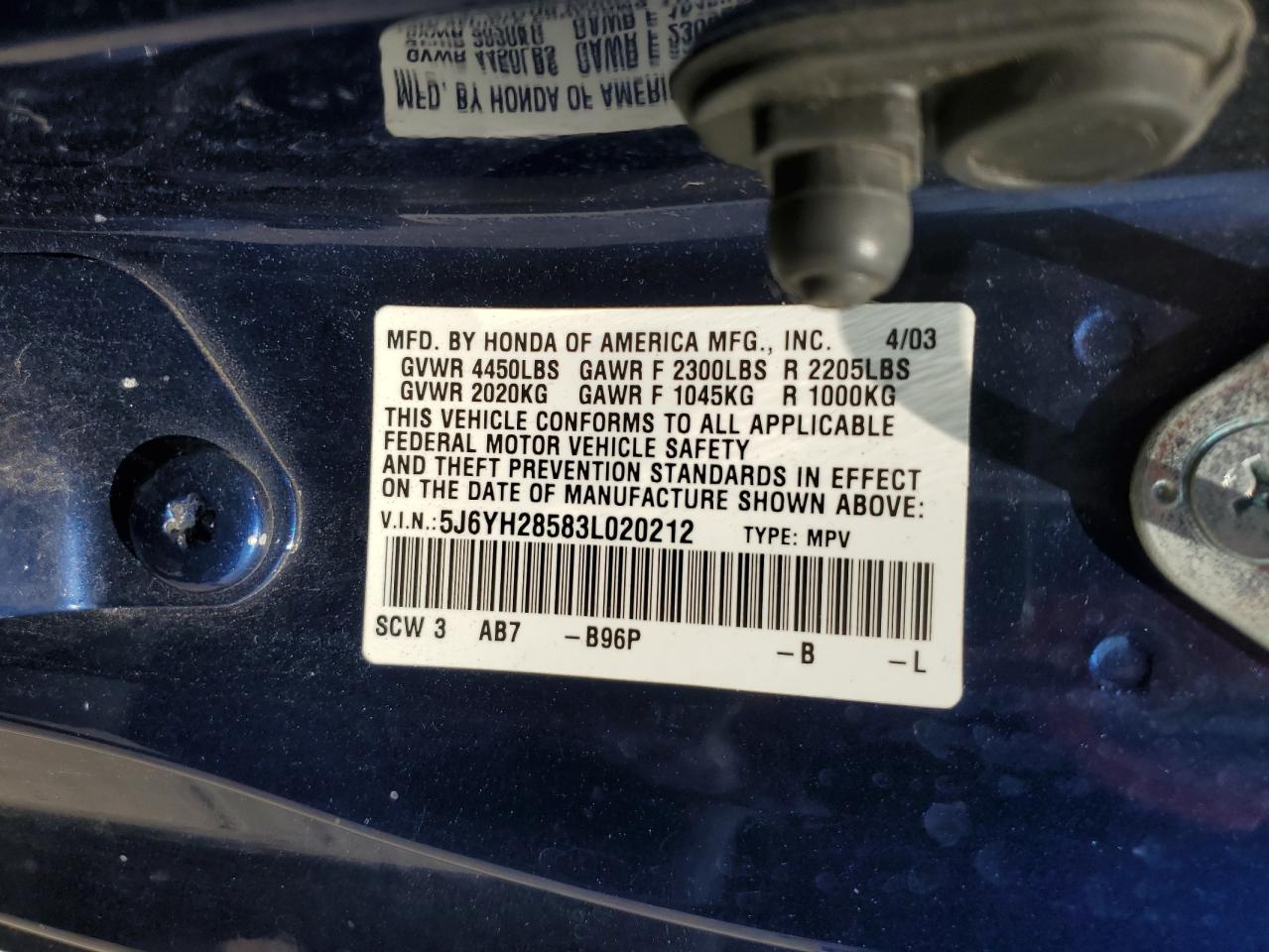2003 Honda Element Ex VIN: 5J6YH28583L020212 Lot: 64422984