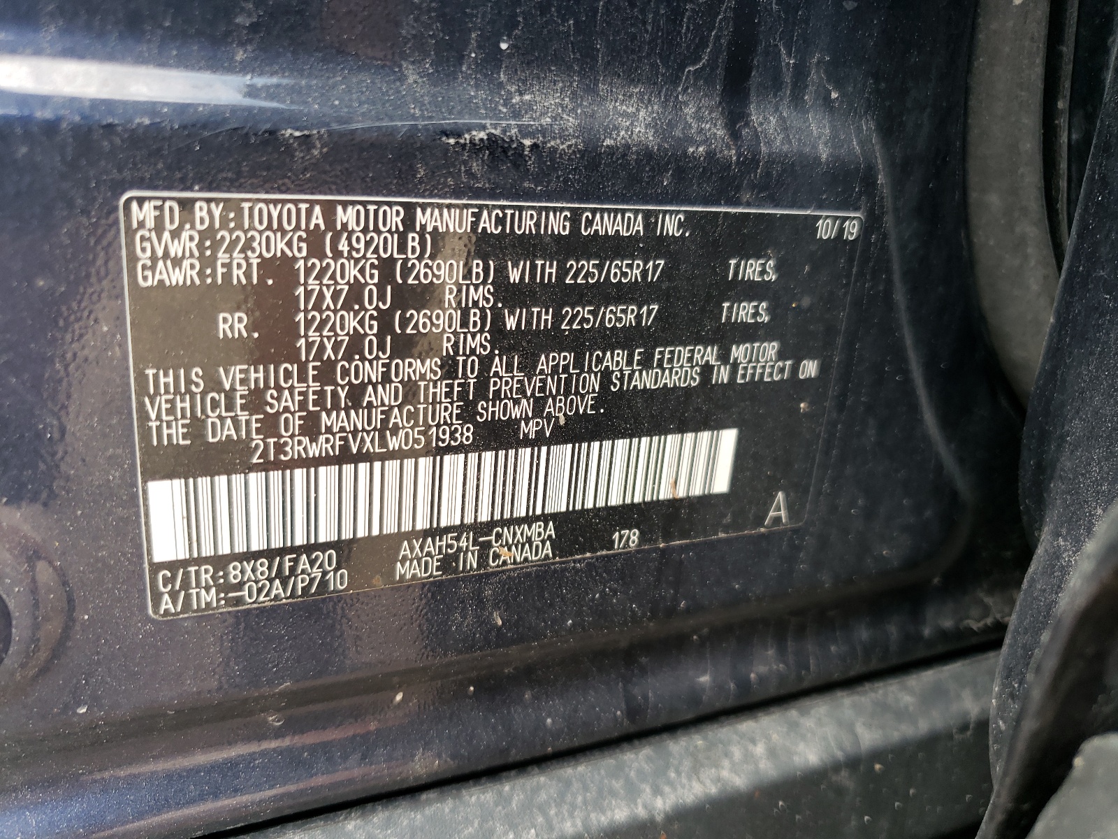 2T3RWRFVXLW051938 2020 Toyota Rav4 Xle