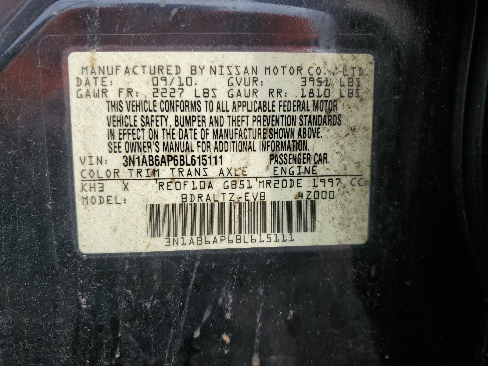 3N1AB6AP6BL615111 2011 Nissan Sentra 2.0