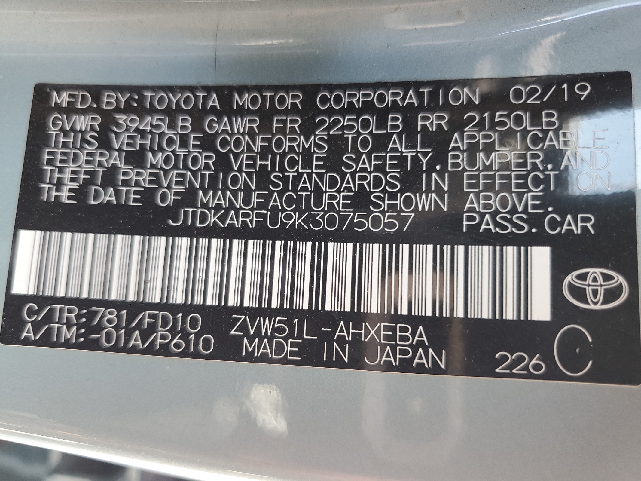 JTDKARFU9K3075057 2019 Toyota Prius