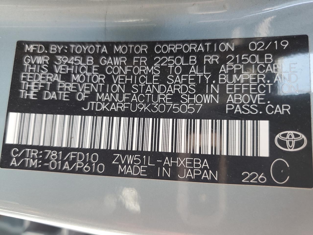 2019 Toyota Prius VIN: JTDKARFU9K3075057 Lot: 65484864