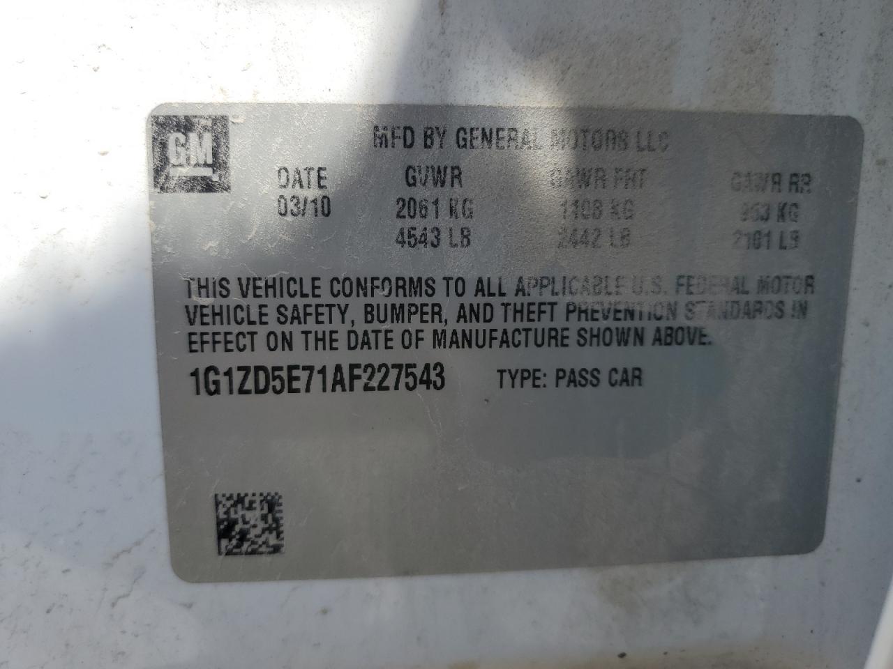 2010 Chevrolet Malibu 2Lt VIN: 1G1ZD5E71AF227543 Lot: 61838624