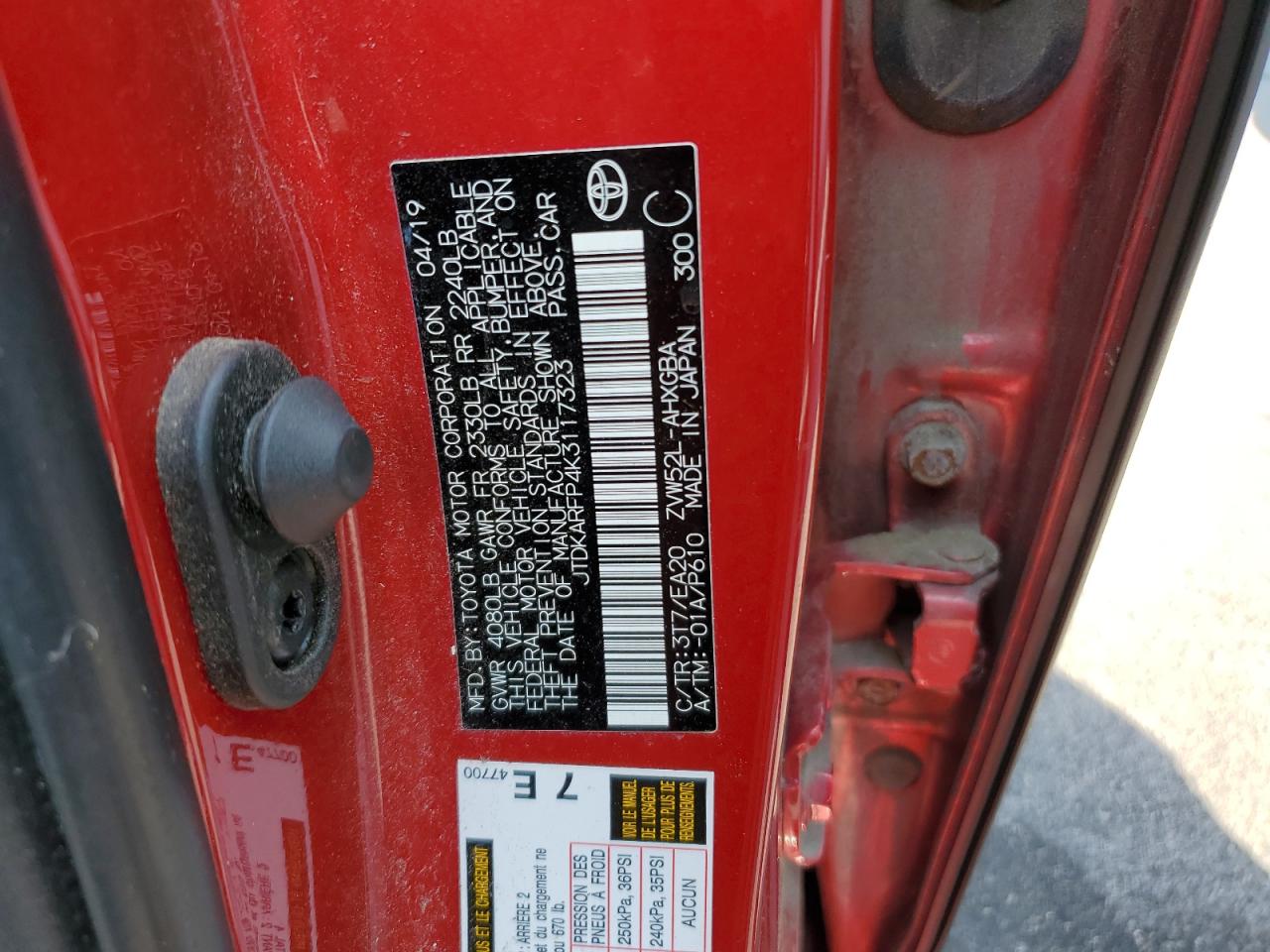 2019 Toyota Prius Prime VIN: JTDKARFP4K3117323 Lot: 62868164