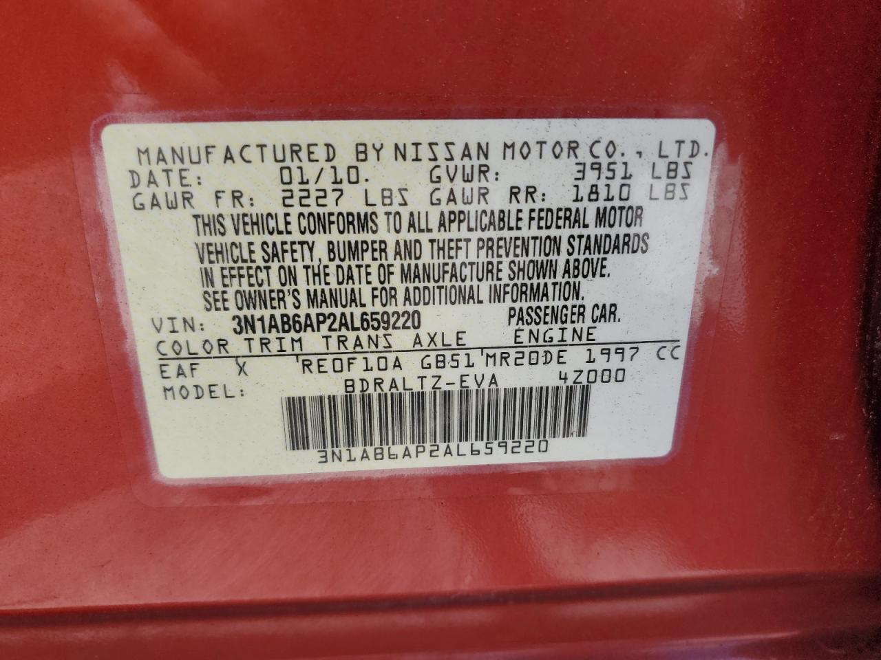 2010 Nissan Sentra 2.0 VIN: 3N1AB6AP2AL659220 Lot: 64076304