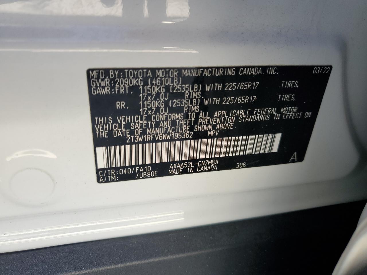 2022 Toyota Rav4 Xle VIN: 2T3W1RFV6NW195362 Lot: 64890204