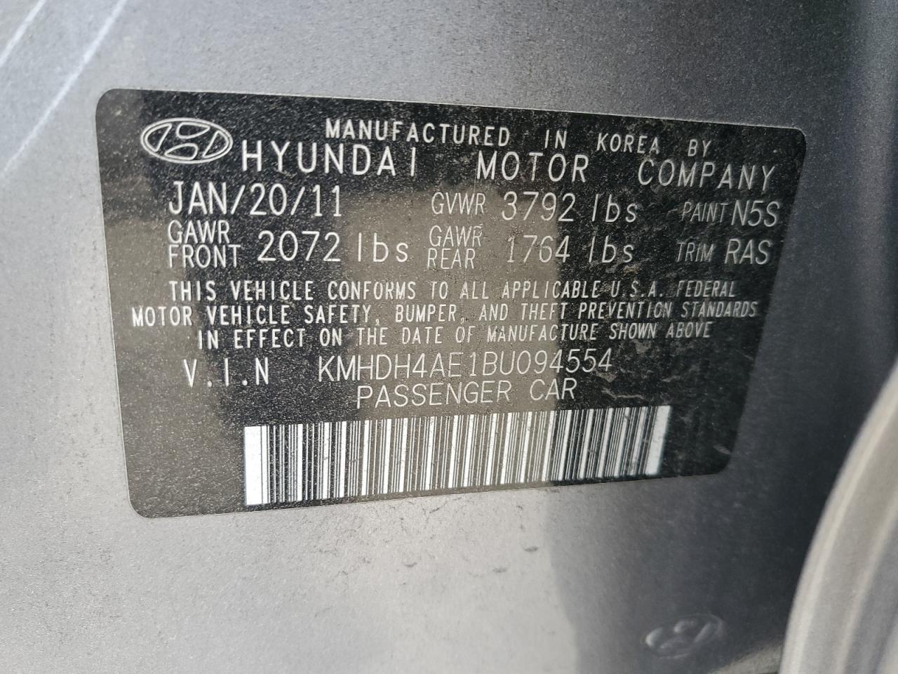 2011 Hyundai Elantra Gls VIN: KMHDH4AE1BU094554 Lot: 63119314