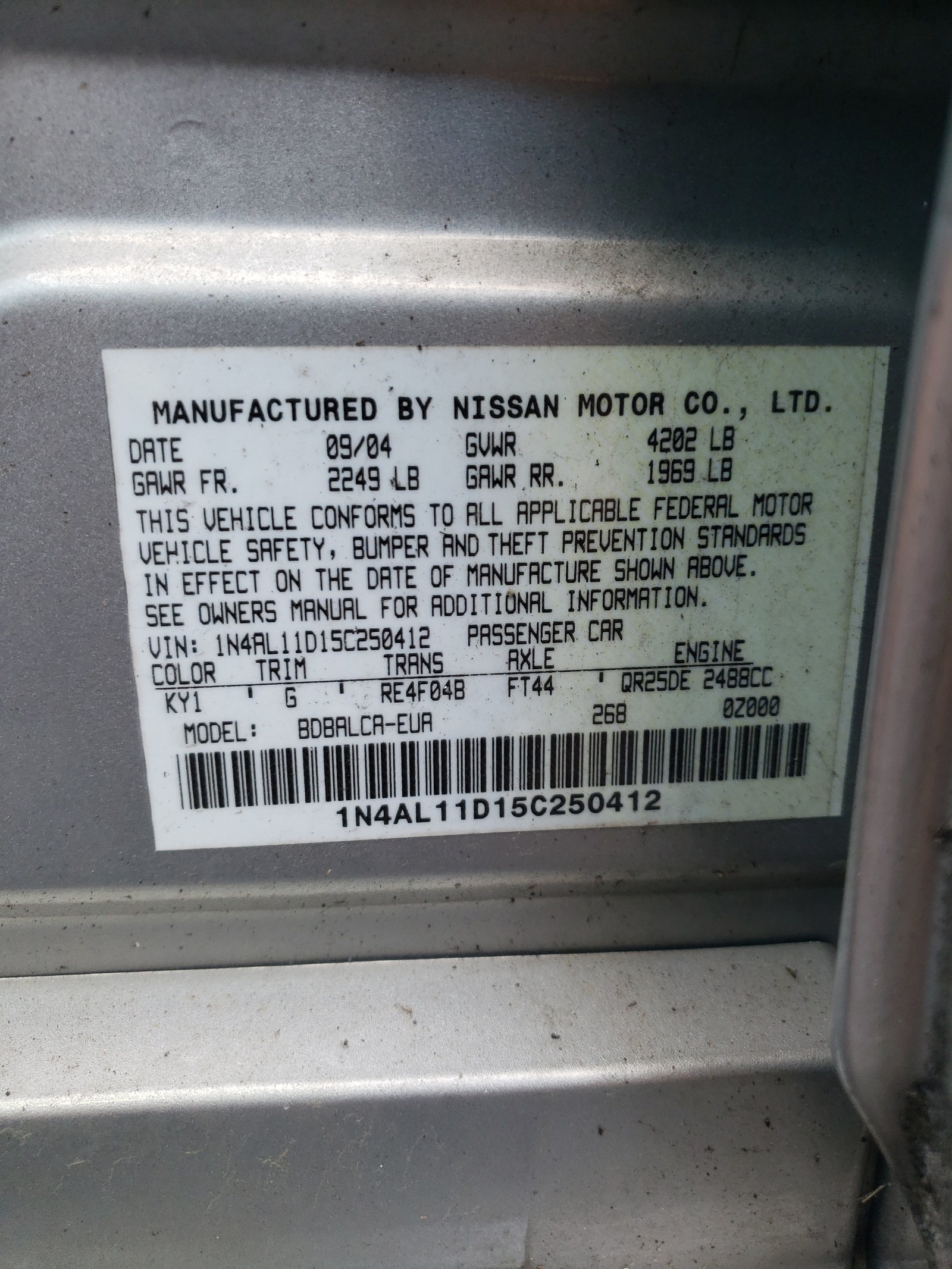 1N4AL11D15C250412 2005 Nissan Altima S