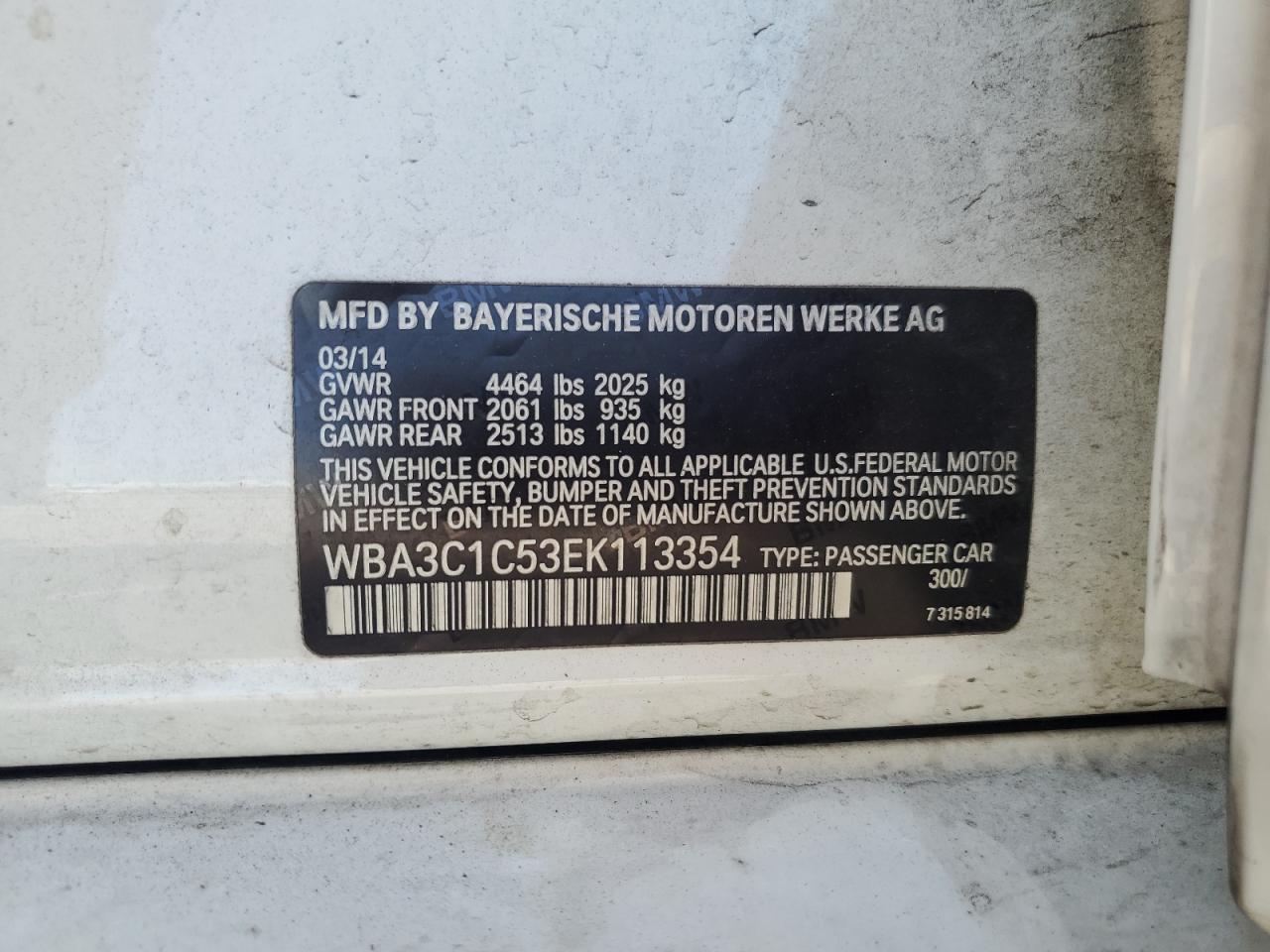 WBA3C1C53EK113354 2014 BMW 328 I Sulev