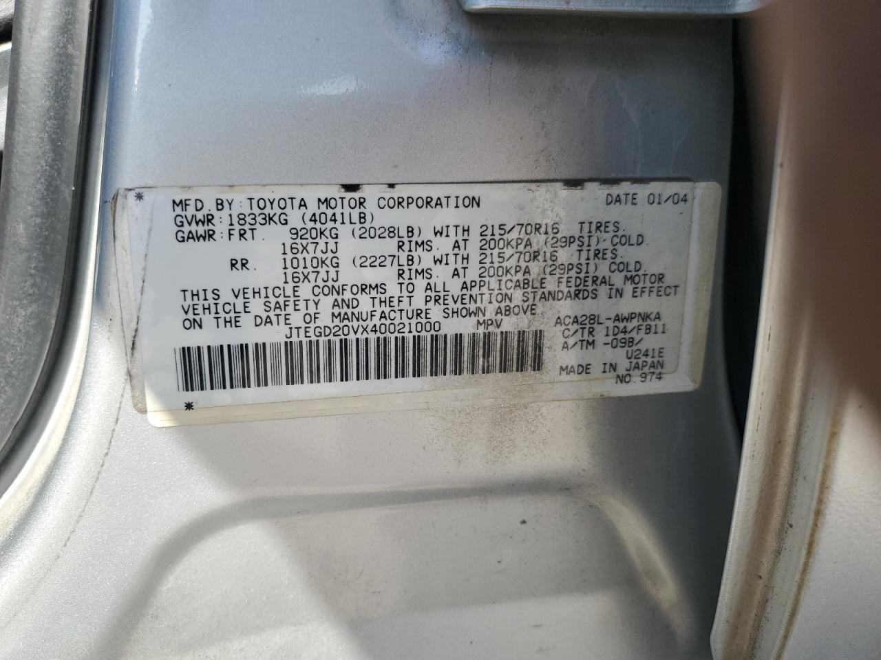 2004 Toyota Rav4 VIN: JTEGD20VX40021000 Lot: 61754704