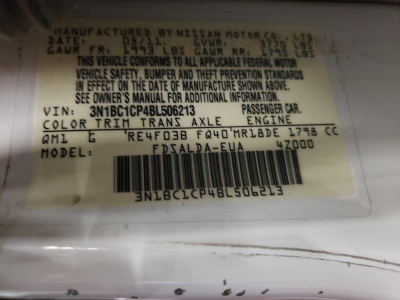 2011 Nissan Versa S VIN: 3N1BC1CP4BL506213 Lot: 64014094