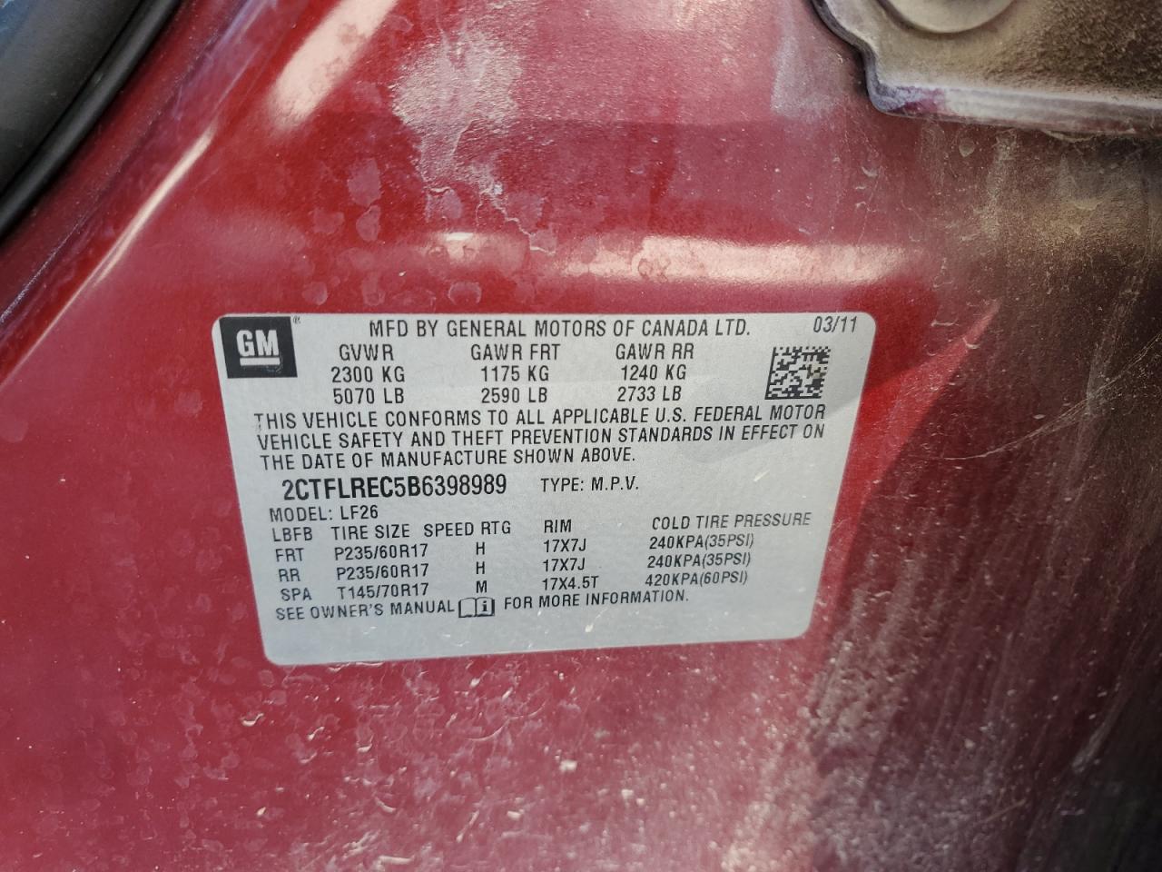 2011 GMC Terrain Sle VIN: 2CTFLREC5B6398989 Lot: 64854664