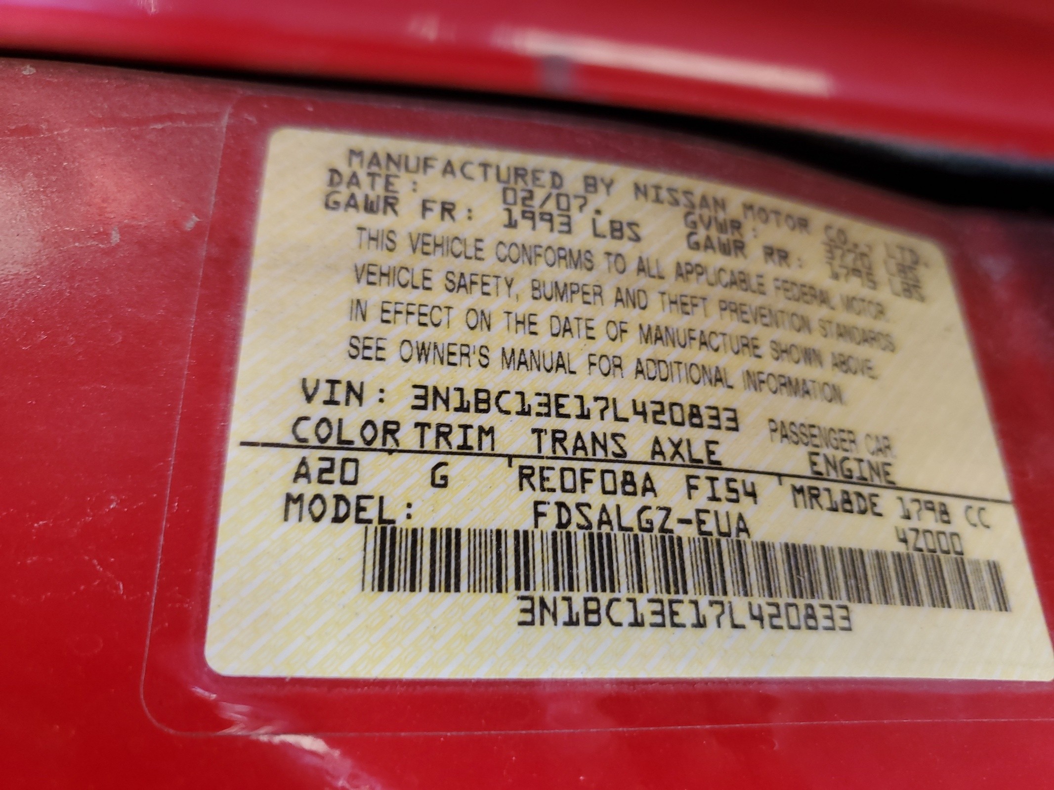 3N1BC13E17L420833 2007 Nissan Versa S