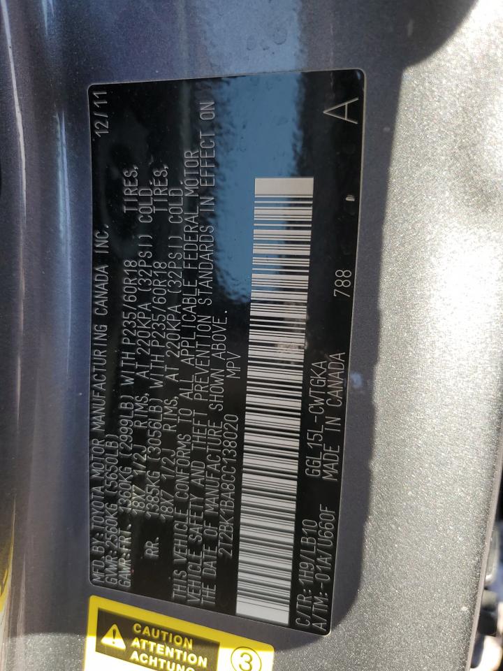 2012 Lexus Rx 350 VIN: 2T2BK1BA8CC138020 Lot: 60875064