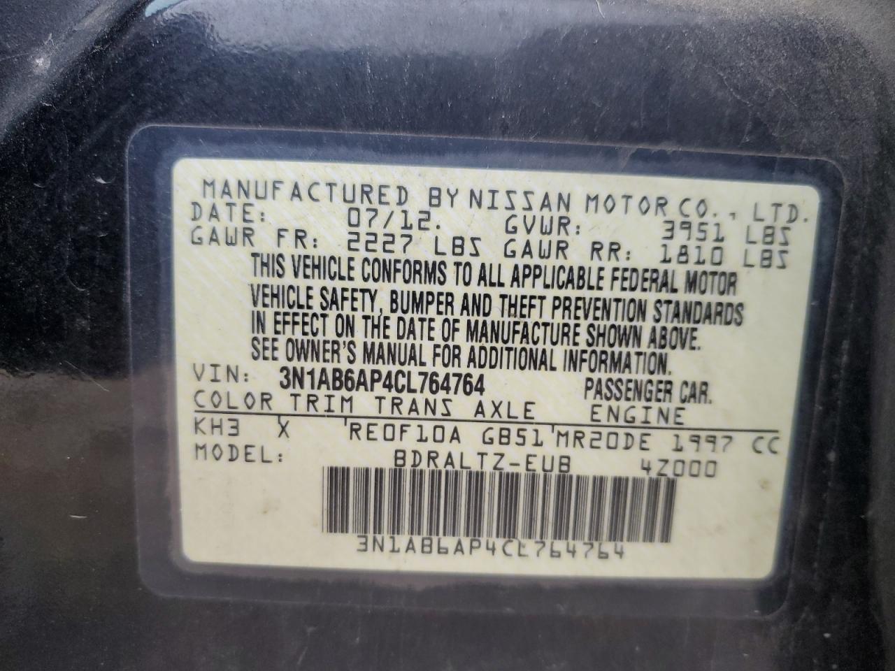 3N1AB6AP4CL764764 2012 Nissan Sentra 2.0