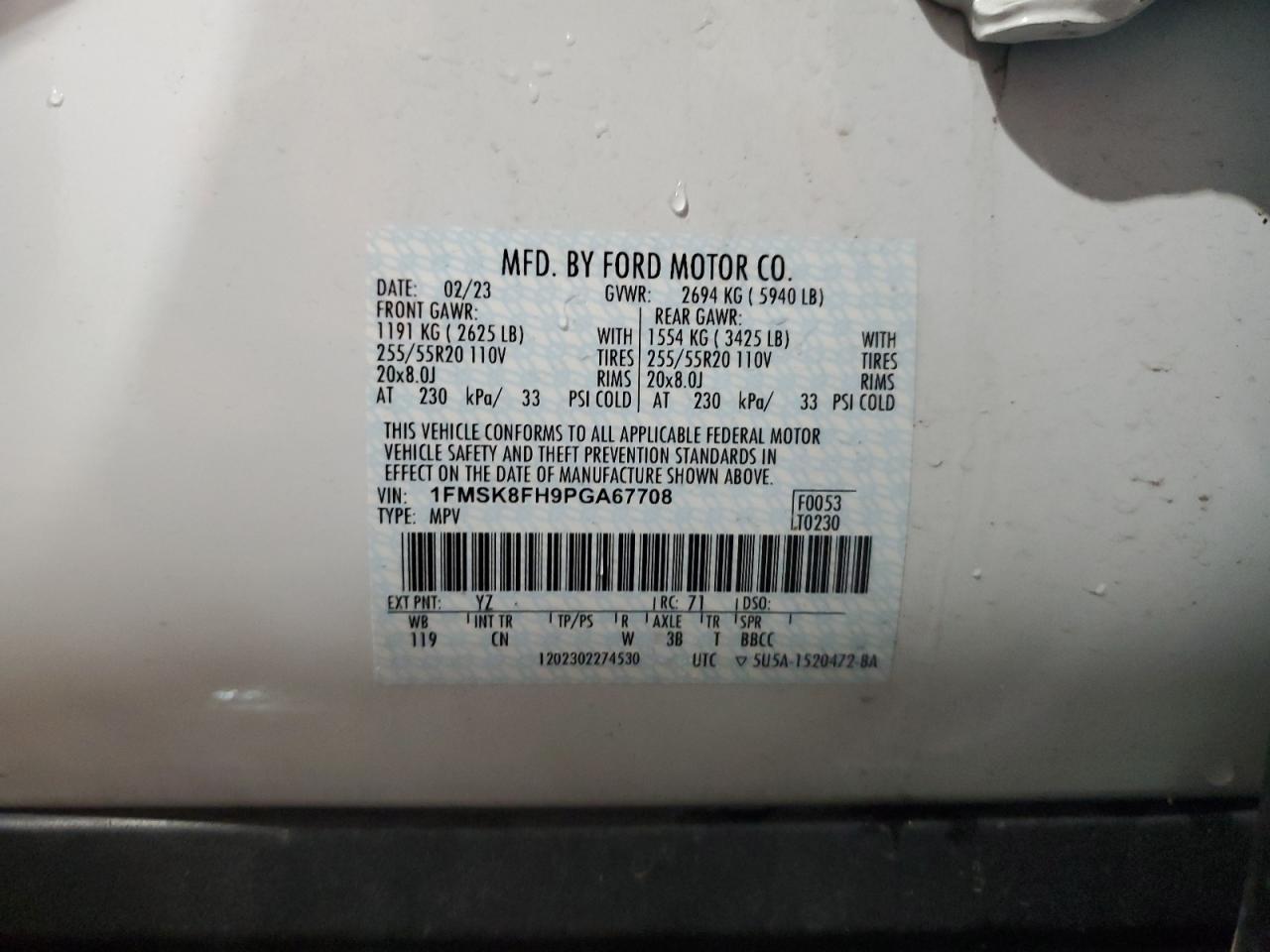 2023 Ford Explorer Limited VIN: 1FMSK8FH9PGA67708 Lot: 62694674