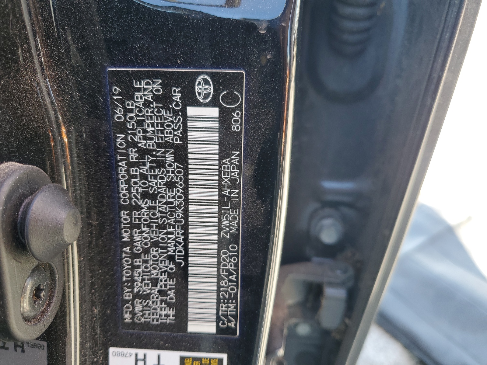 JTDKARFU9K3096507 2019 Toyota Prius