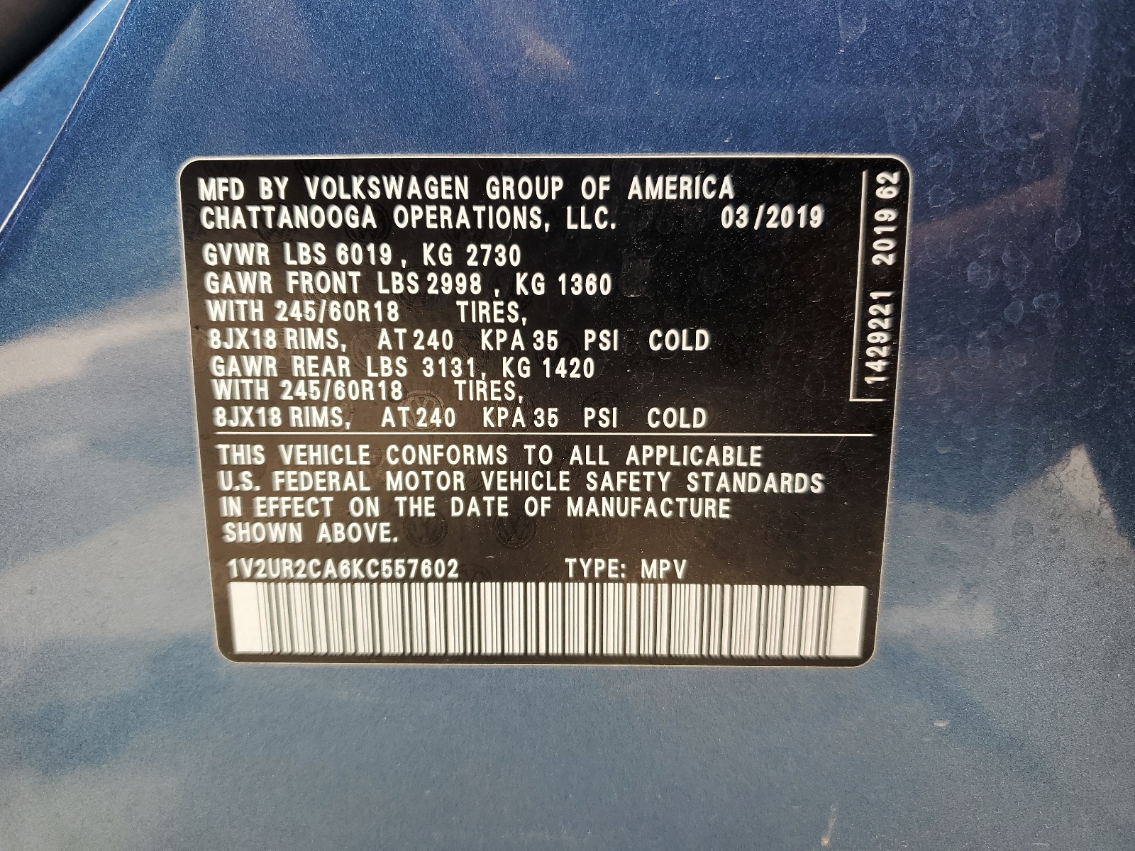 1V2UR2CA6KC557602 2019 Volkswagen Atlas Se